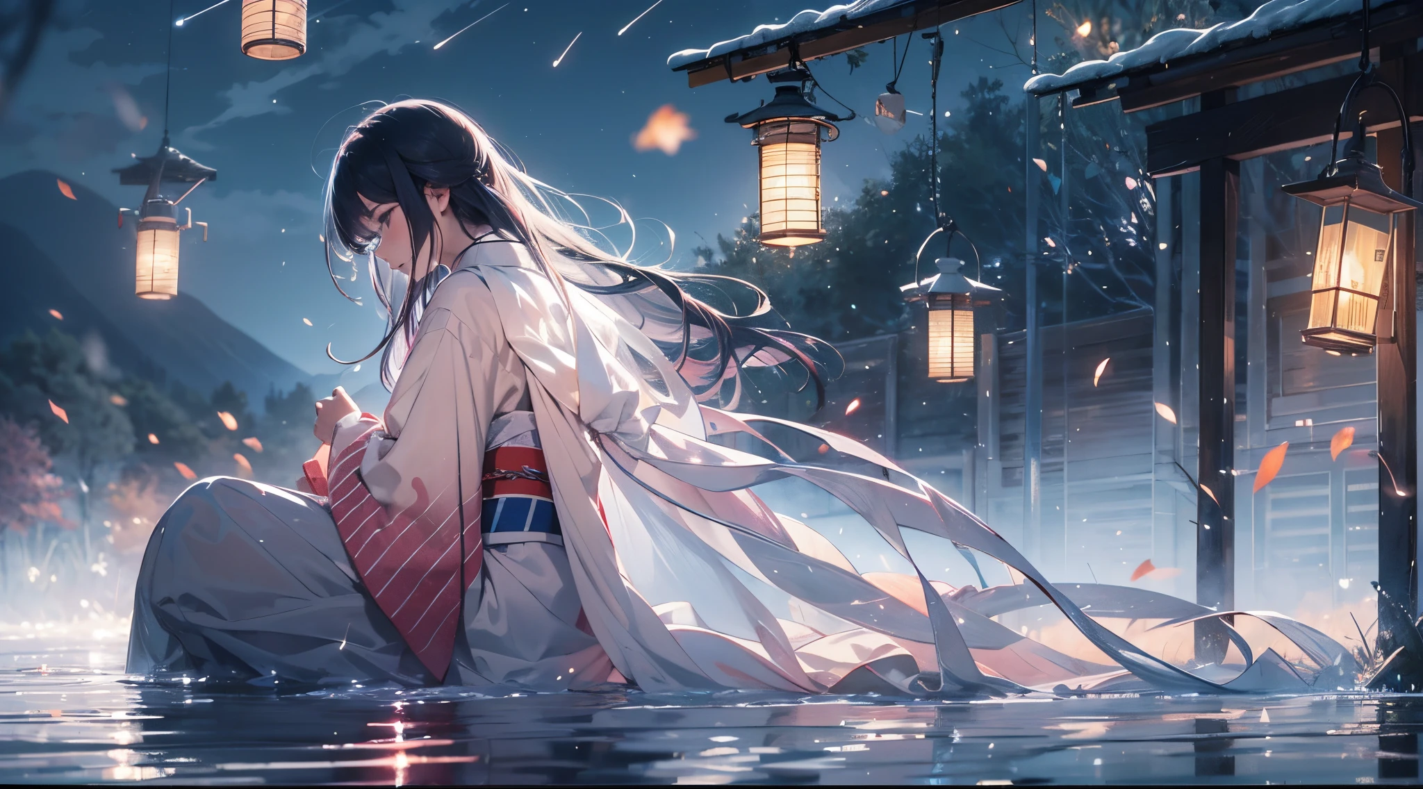 tmasterpiece, , Best quality at best, natta, cloudy night, Obozuki, ((glowworm)), ((zona rural)), (zona rural), river surface, woman wearing yukata, Heavy fog in the evening, flowing evening fog, drying , dense fog, penties, regret, Solitude, cabelos preto e longos, Hair luster, after rainny, full bodyesbian, Elevated, synchronized lantern, sorrowful, detach, , ideas