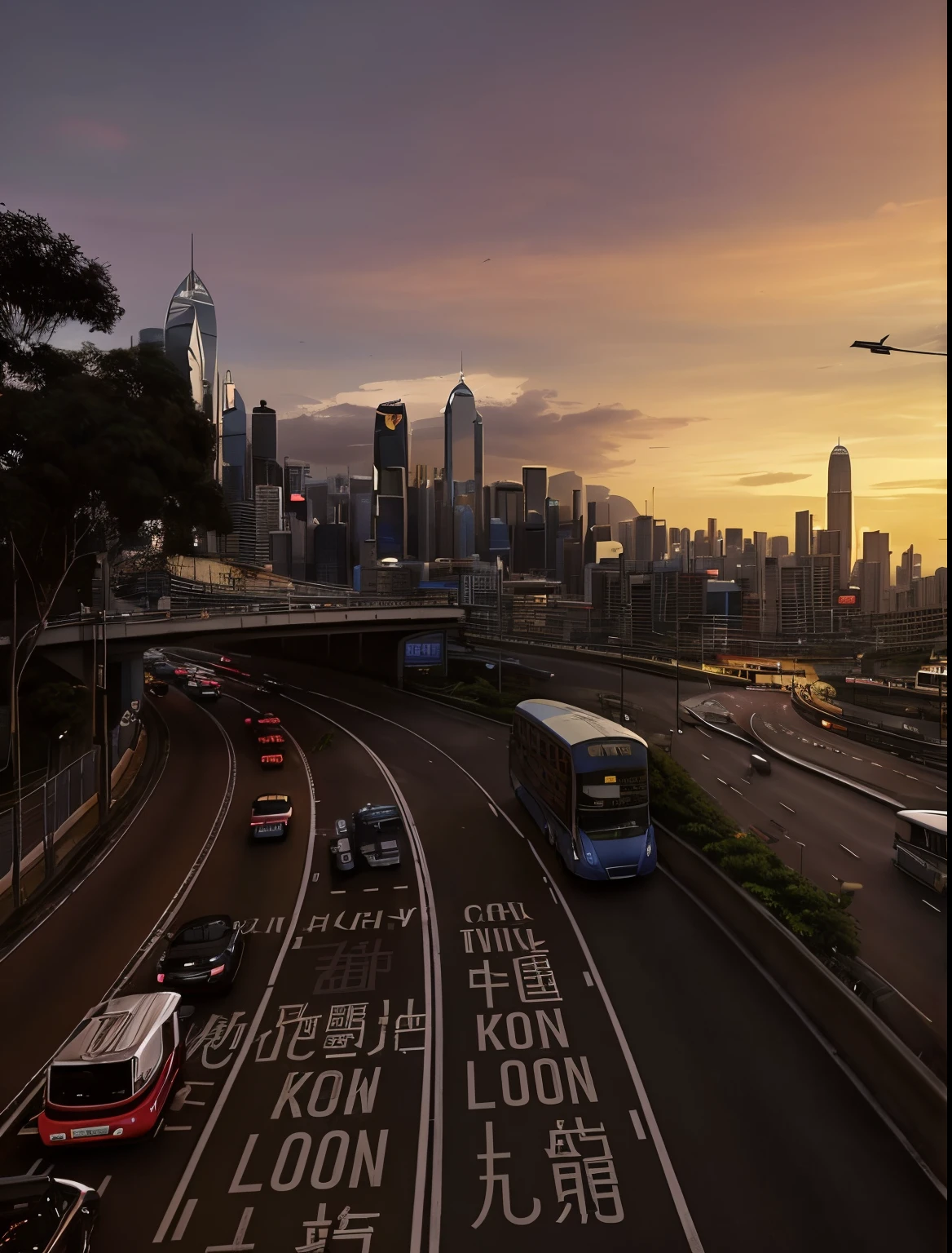 Cars and buses drive along the highway，The background is the city skyline, a still of kowloon, cities like this, , Patrick Cheng, of streets, Show on the, of streets, kowloon, post-processed, Hyperrealistic matte painting, timelapse in game, realistic matte painting, Matte painting 4k 8k