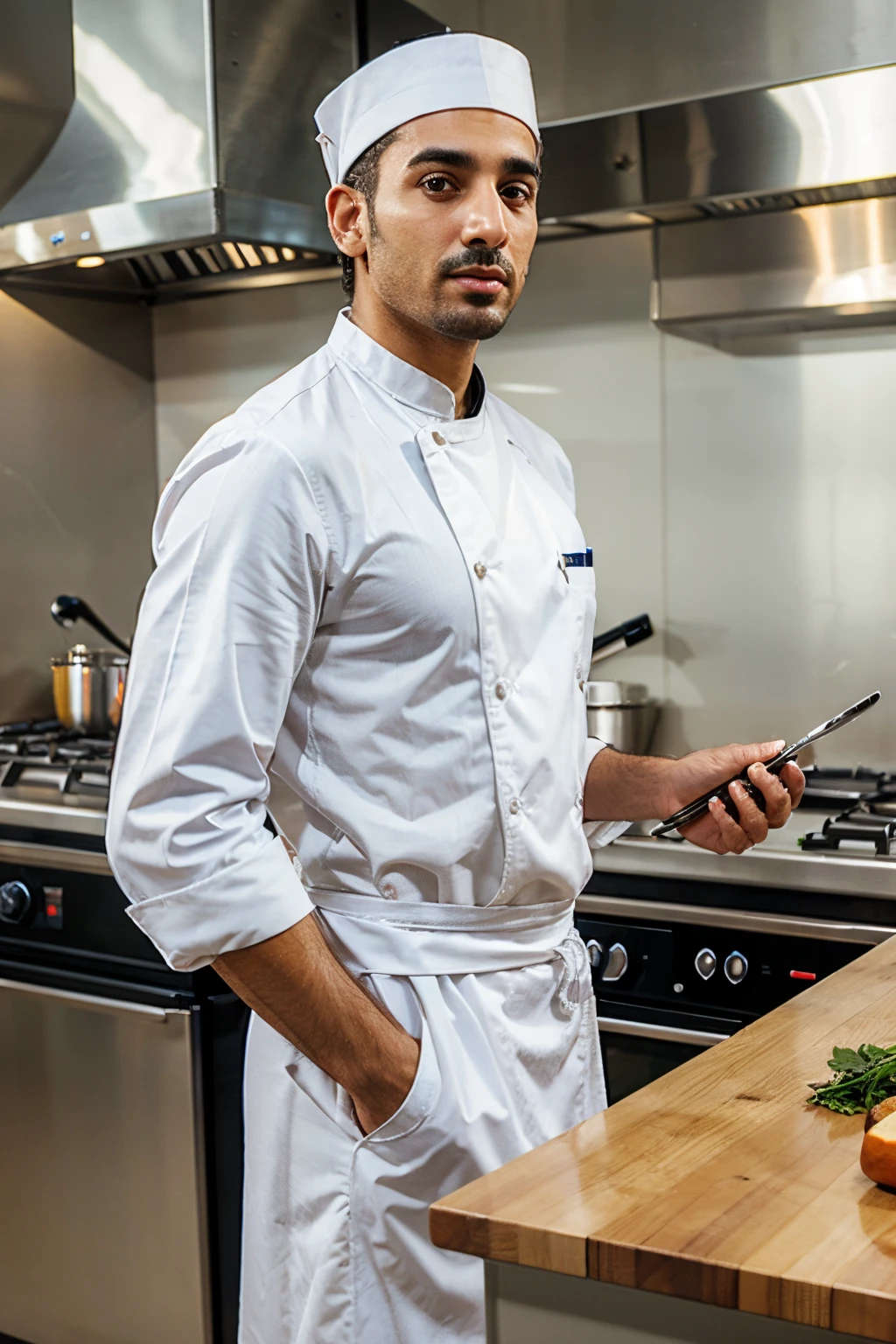 A sexy indian chef, cooking, wearing apron , homoerotic ,best quality photo, seductive expression,penis coming out of his apron