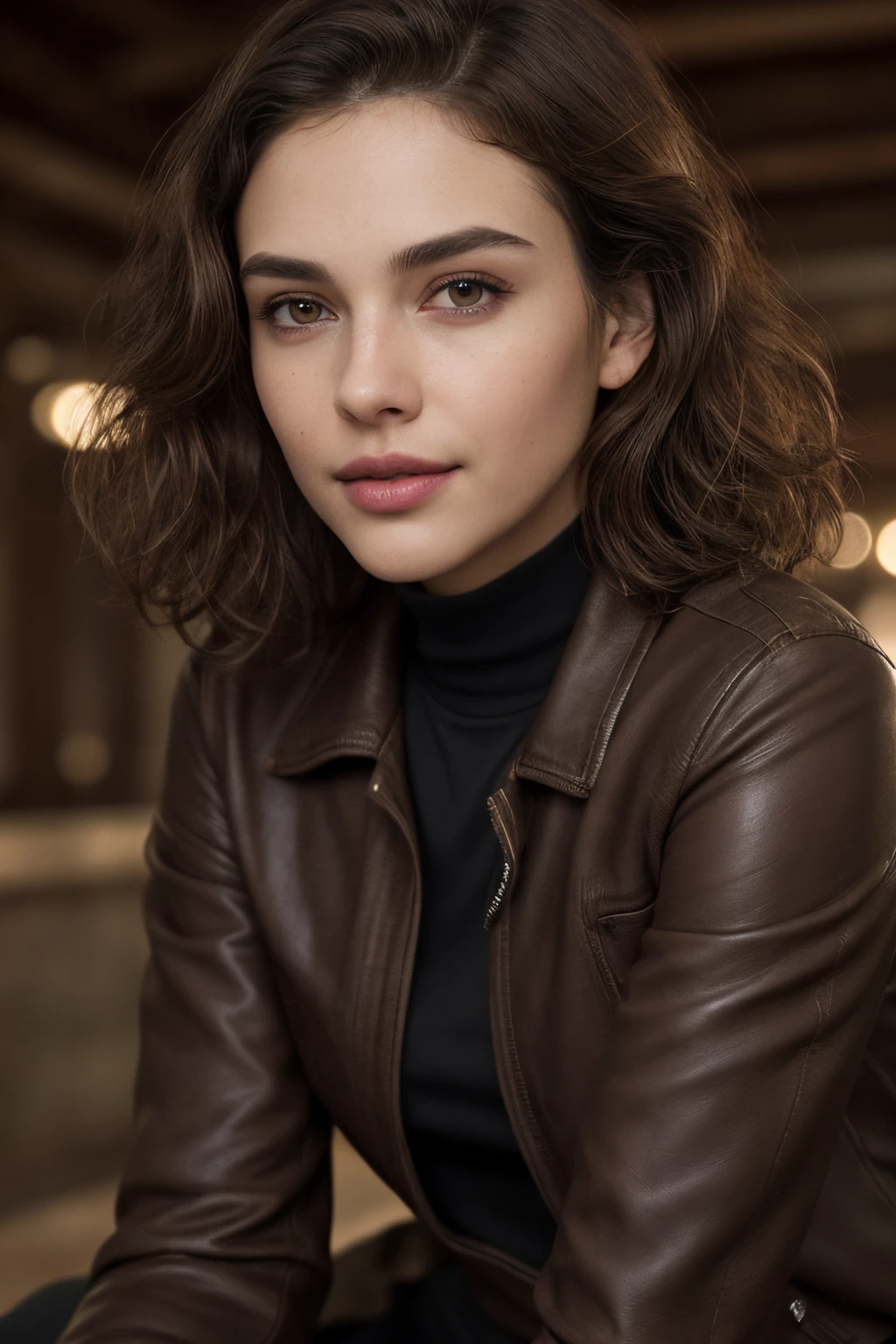 close-up on the face, blurred background. Breathtaking cinematic photo of a 30 year old girl with brown hair and eyes, happy face, smile, cheerful, content, beautiful teeth (brown leather jacket, black clothes, black dress shirt, shirt, jeans) beautiful lips, intricate details, shallow depth of field, highly detailed, high-budget Hollywood film, epic, beautiful, masterpiece, award-winning, professional, highly detailed, detailed skin texture, (blush: 0.5), (goosebumps: 0, 5). (the most beautiful woman in the world) (brown hair) (short curly hair, unruly hair, stylish cut) thin face, thin nose, beautiful, very beautiful, perfect face, slender body (slender), (brown hair) (brown eyes) (white skin) Beautiful body, western face, predatory eyes, pink lips, thick thighs. full body, western beauty, thin nose, beautiful, perfect, ((best quality)), ((ultra resolution)), ((photorealistic: 1.4)), (intricate details), perfect face, makeup: 1.5 , clear face, facial details. Front view