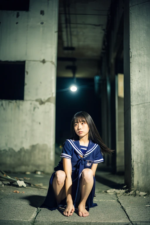 ((Inside a broken concrete building))、((Beautiful japanese girl))、a beauty girl、Same school uniform、Same sailor suit、18year old、bangla hair straight long hair, Height 170cm、8th class、Tough expression、(glares)、(Angry look)、((Navy long skirt below knee length))、Pitch black night、total darkness、(deep in the night)、the wind、Thin leg、Niō Standing、put strength into your body、