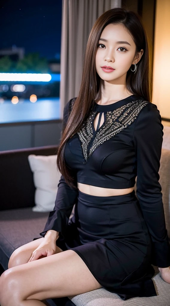 Super detailed、Japanese、charming beauty、Dainty woman、sharp eyes、cool girl、wavy hair、suit、Black chiffon、lacy fabric、wide sleeve、Jacket、white blouse、flare skirt、pantyhose、Shiny legs、evilの幹部、evil depravity、brainwashing、Mind control、lipstick、have lip gloss、grin、邪evilなな表情、evil、empty eyes、邪evilな、Hotel、seductive pose
