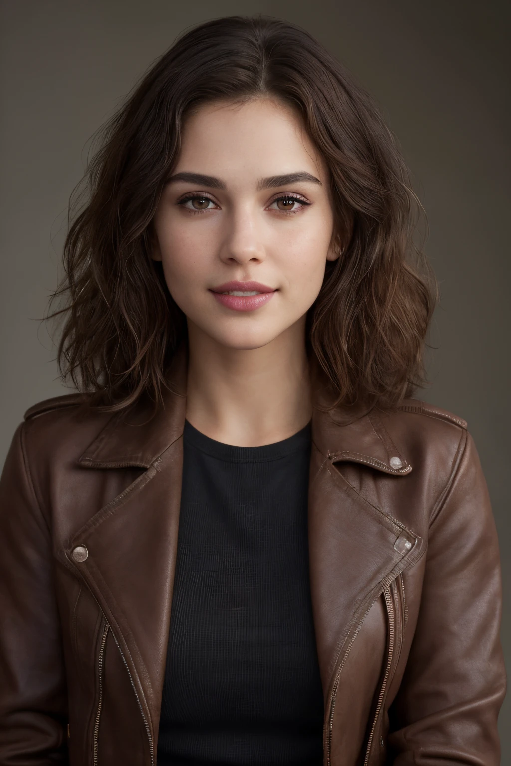 close-up on the face, blurred background. Breathtaking cinematic photo of a 30 year old girl with brown hair and eyes, happy face, smile, cheerful, content, beautiful teeth (brown leather jacket, black clothes, black dress shirt, shirt, jeans) beautiful lips, intricate details, shallow depth of field, highly detailed, high-budget Hollywood film, epic, beautiful, masterpiece, award-winning, professional, highly detailed, detailed skin texture, (blush: 0.5), (goosebumps: 0, 5). (the most beautiful woman in the world) (brown hair) (short curly hair, unruly hair, stylish cut) thin face, thin nose, beautiful, very beautiful, perfect face, slender body (slender), (brown hair) (brown eyes) (white skin) Beautiful body, western face, predatory eyes, pink lips, thick thighs. full body, western beauty, thin nose, beautiful, perfect, ((best quality)), ((ultra resolution)), ((photorealistic: 1.4)), (intricate details), perfect face, makeup: 1.5 , clear face, facial details. Front view