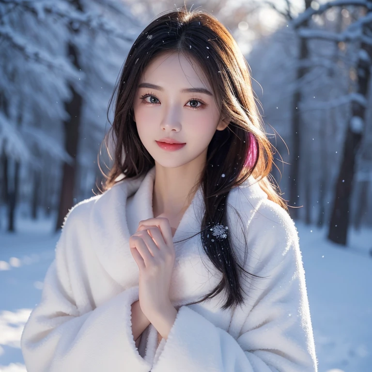 Certainly，I can provide you with a more perfect description：

Her blue-pink hair looks even more flawless against the winter background。Every strand of hair is as soft and smooth as silk，It's like a masterpiece carefully carved by an artist。The color of her hair is like sapphires in the  and snow，Revealing mystery and nobility。

Her eyes were bright and clear，Twinkling stars in the cold winter。The eyes reveal wisdom and kindness，It’s like the warmest flame in winter ignites the soul。Her eyebrows are slender and elegant，Gently provoke，Dotted on her slender eyes，It gives people endless reverie。

her lips are soft and，Rich and rosy like delicate coral。When she smiles，The whole world seems to be lit up，Make people feel inner happiness and peace。Her smile is like the warmest sunshine in winter，Warming everyone's heart。

Her skin was as fair as snow，Smooth and flawless。Soft and silky to the touch。Her face has beautiful lines，The silhouette is exquisiike a masterpiece in the hands of a sculptor。The slender neck extends upward，Exudes the unique elegance and nobility of women。

On a winter background，This beauty is more unique and charming。Her appearance is flawless，It’s like the goddess of  and snow stepped out of a fairy tale。She exudes confidence and charm，It becomes the most beautiful scenery in the cold season，It's intoxicating，Unforgettable。