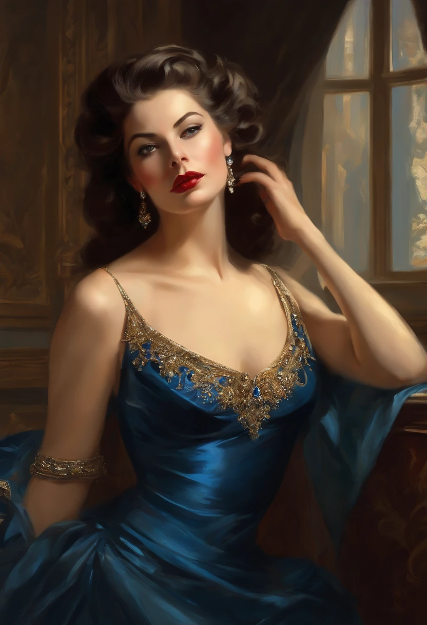 Painting of a beautiful and sexy woman, with long hair, falling over her shoulders and a sapphire blue dress, ((French courtesan, Ava Gardner style)), wearing a low-cut and embroidered black corset, in the background of a Paris brothel, art style by Bowater, Baroque digital painting, Renaissance digital painting, masterpiece! inspired by Franz Xaver Winterhalter, inspired by Friedrich von Amerling, Beautiful character painting, Portrait of ((Ava Gardner)), beautiful digital painting, inspired by Thomas Lawrence, Beautiful painting
yywater, refraction, reflections, Mirrors, Prisms, sunlight, bright lights!! intricate elegant, highly detailed, digital painting, art-station, concept art, smooth, sharp focus, illustration, Art by ( ( ( ( Artgerm ) ) ) ) and ( Greg Rutkowski )! and ( ( ( Alphonse Mucha ) ) ), eyes reflecting in eyes reflecting to infinity
