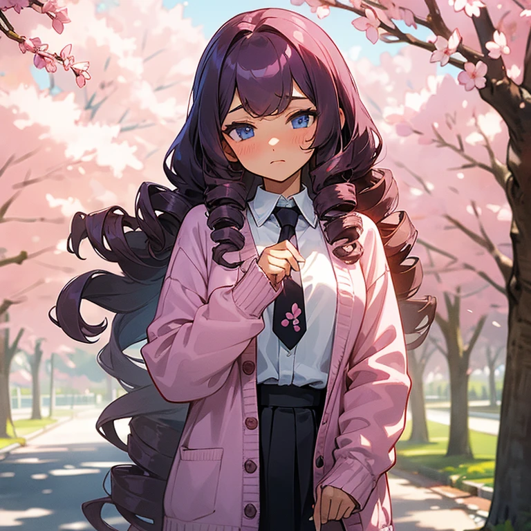 A beautiful woman with long wavy violet hair, drill curls, side swept bangs, blue eyes, light tanned skin, blank expression, slight blush, wearing a white long sleeve shirt, plain black necktie, and pink cardigan, at the park, surrounded by cherry blossom trees