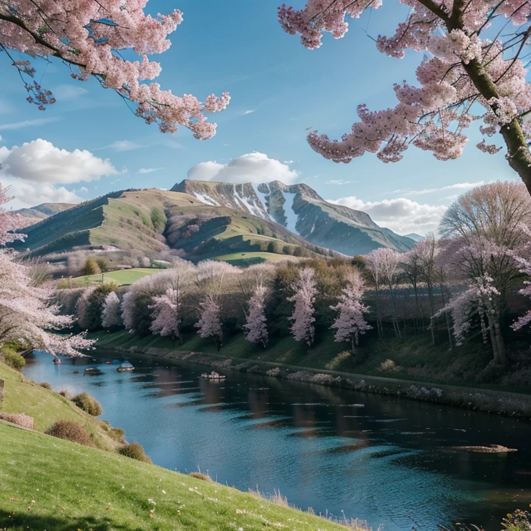 English European landscape pink trees cherry blossom large White Castle green grass mountains rivers clear blue sky