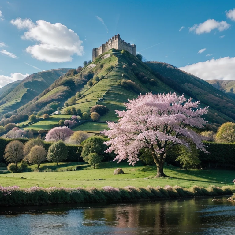 English European landscape pink trees cherry blossom large White Castle green grass mountains rivers clear blue sky