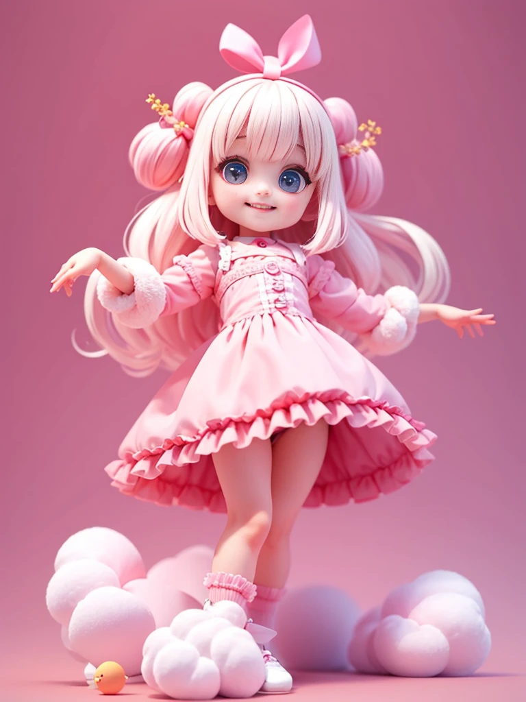 Various body movements,Dancing face.,a little girl,Odd,fluffy,s big eyes,,Pink & White,Full body like,Smiley face,The background is:
