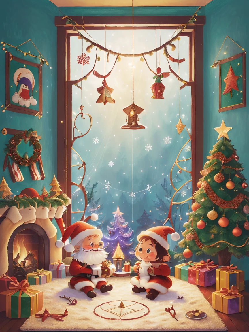 (Best quality, 8K, A high resolution, tmasterpiece:1.2), ultra - detailed, (actual, realistically:1.37), Vibrant colors, Magical atmosphere, Whimsical, ((sky full of stars,The North Star shines)),(((Use an illustration style), The room is decorated with a strong Christmas atmosphere. A string of shining colored lights hangs on the wall, Christmas wreath and little snowman on the windowsill, In the corner of the room stands a beautifully decorated Christmas tree. On a table, There are beautiful cutlery and red plates. In the center of the table, Have a sumptuous Christmas feast, Next to it is a bottle of red wine and two exquisite wine glasses. ((1 boy wearing a cute Christmas hat, 1 girl wearing cute Santa Claus costume, They snuggle together)), Smiling and looking at each other,Eyes full of happiness and warmth. There are several scented candles lit in the room, It exudes a faint fragrance. Warm fire burning in the fireplace, Brings warmth and comfort to the entire room, Surreal, Psychedelic, Complicated details, Beautiful texture, Ethereal, like a dream, Soft glowing light, Charming Patterns, Fantasy creatures, Hidden surprises, dreamlike landscapes, Surreal color palette, Mystic aura, hyper realisitc, Enchanting journey, psychedelic trip, vivid imagination, immersive experience, Mysterious Christmas, otherworldly charm, glowing paths, Light up a magical Christmas, surreal sky, Whimsical themed festivals, a magical encounter, Fascinating artwork,(Ghibli-style colors, first person perspective, hyper HD, tmasterpiece, acurate, Anatomically correct, ctextured skin, super detailing, high detal, high qulity, Award-Awarded, Best quality at best, 8K)
