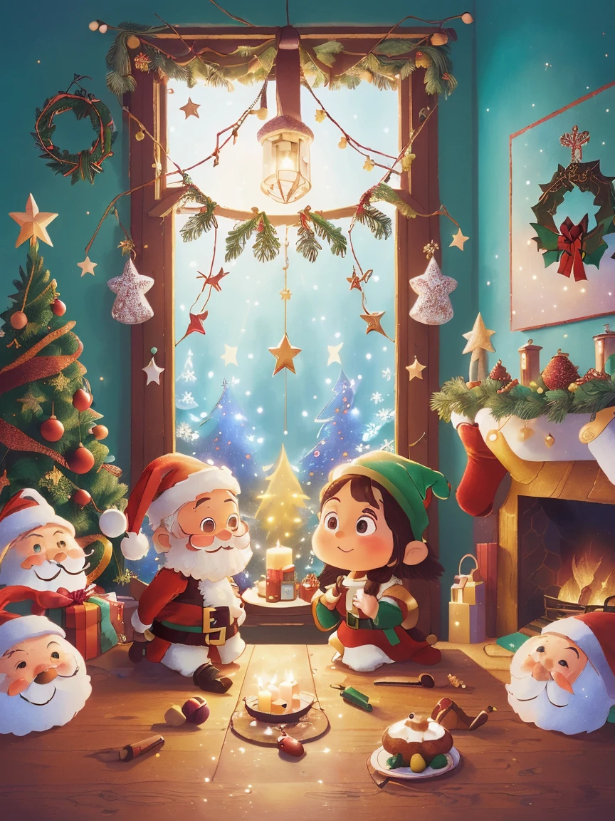 (Best quality, 8K, A high resolution, tmasterpiece:1.2), ultra - detailed, (actual, realistically:1.37), Vibrant colors, Magical atmosphere, Whimsical, ((sky full of stars,The North Star shines)),(((Use an illustration style), The room is decorated with a strong Christmas atmosphere. A string of shining colored lights hangs on the wall, Christmas wreath and little snowman on the windowsill, In the corner of the room stands a beautifully decorated Christmas tree. On a table, There are beautiful cutlery and red plates. In the center of the table, Have a sumptuous Christmas feast, Next to it is a bottle of red wine and two exquisite wine glasses. ((1 boy wearing a cute Christmas hat, 1 girl wearing cute Santa Claus costume, They snuggle together)), Smiling and looking at each other,Eyes full of happiness and warmth. There are several scented candles lit in the room, It exudes a faint fragrance. Warm fire burning in the fireplace, Brings warmth and comfort to the entire room, Surreal, Psychedelic, Complicated details, Beautiful texture, Ethereal, like a dream, Soft glowing light, Charming Patterns, Fantasy creatures, Hidden surprises, dreamlike landscapes, Surreal color palette, Mystic aura, hyper realisitc, Enchanting journey, psychedelic trip, vivid imagination, immersive experience, Mysterious Christmas, otherworldly charm, glowing paths, Light up a magical Christmas, surreal sky, Whimsical themed festivals, a magical encounter, Fascinating artwork,(Ghibli-style colors, first person perspective, hyper HD, tmasterpiece, acurate, Anatomically correct, ctextured skin, super detailing, high detal, high qulity, Award-Awarded, Best quality at best, 8K)
