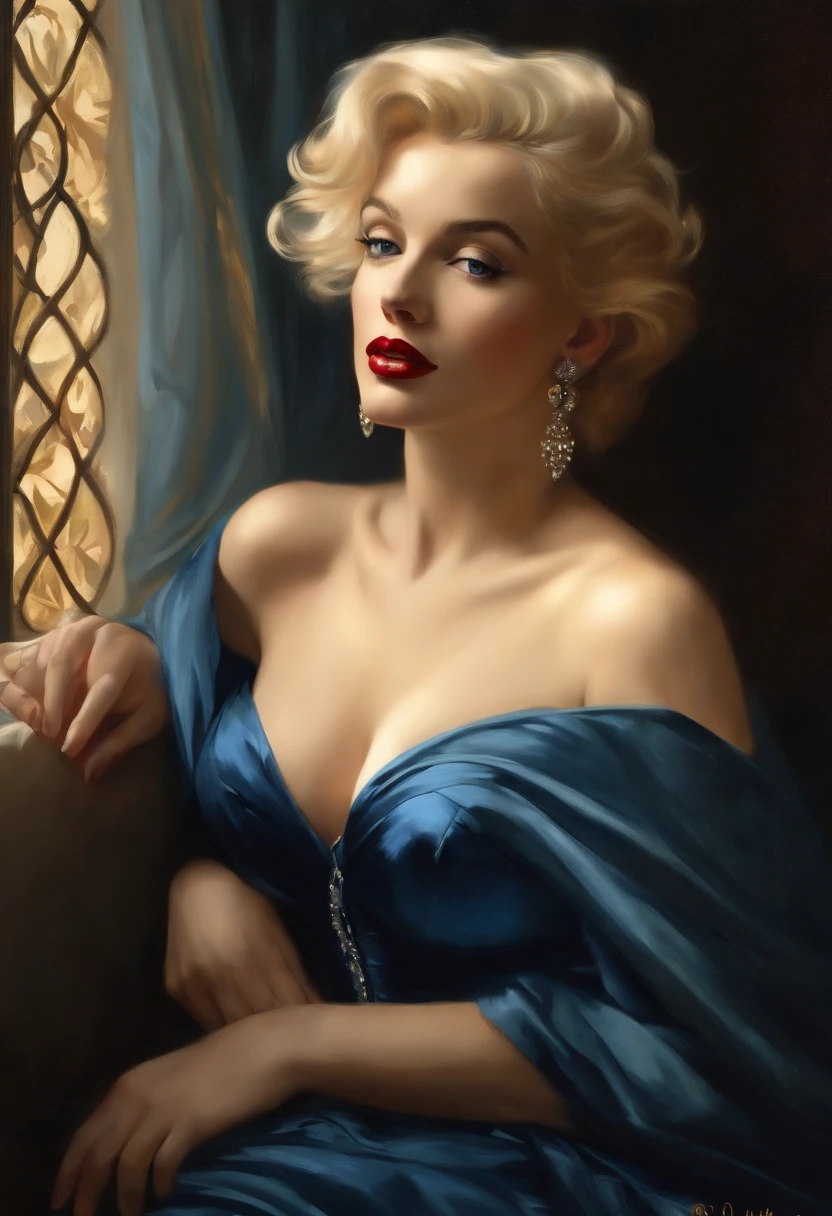 Painting of a beautiful and sexy woman, with long hair, falling over her shoulders and a sapphire blue dress, ((French courtesan, Marilyn Monroe style)), wearing a low-cut and embroidered black corset, in the background Paris brothel, art style by Bowater, Baroque digital painting, Renaissance digital painting, masterpiece! inspired by Franz Xaver Winterhalter, inspired by Friedrich von Amerling, Beautiful character painting, Portrait of((marilyn monroe)), beautiful digital painting, inspired by Thomas Lawrence, Beautiful painting
yywater, refraction, reflections, Mirrors, Prisms, sunlight, bright lights!! intricate elegant, highly detailed, digital painting, art-station, concept art, smooth, sharp focus, illustration, Art by ( ( ( ( Artgerm ) ) ) ) and ( Greg Rutkowski )! and ( ( ( Alphonse Mucha ) ) ), eyes reflecting in eyes reflecting to infinity