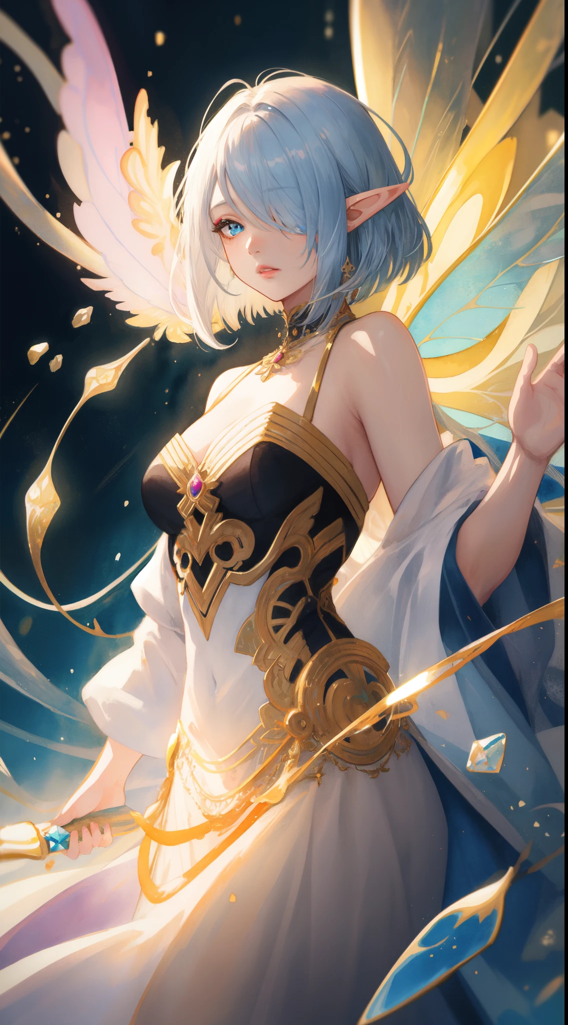 masterpiece, best quality, sharp focus, 8k, intricately detailed environment, anime, watercolor illustration, colorful, bright colors, whimsical, glowing lights, liquid otherworldly, fairy lights, beautiful elf girl in flowing liquid glowing dress, perfect face, golden ratio, sparkling eyes, watercolor, liquid light, angel wings, BREAK, (masterpiece, top quality, best quality, official art, beautiful and aesthetic:1.2), (elf), (1girl), Bob cut hair, parted bangs, (hair over one eye), white hair, lips, eyelashes, makeup, blue eyes, eyeshadow, pink eyeshadow, pink lips, extreme detailed, highest detailed, art by Artgerm, by wadim kashin, by Kawacy, by Yusuke Murata