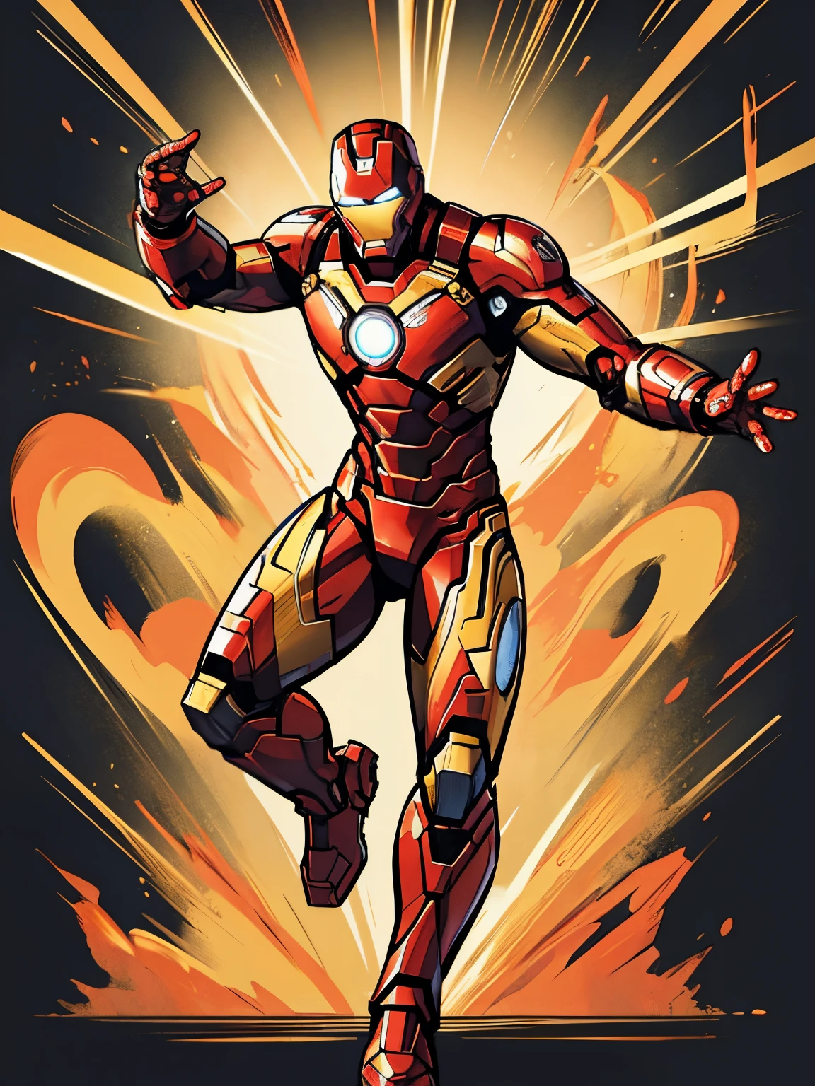 tshirtdesign, (full body shot), ironman, splash art, intricate, detailed, ( background:1.4), motion blur,