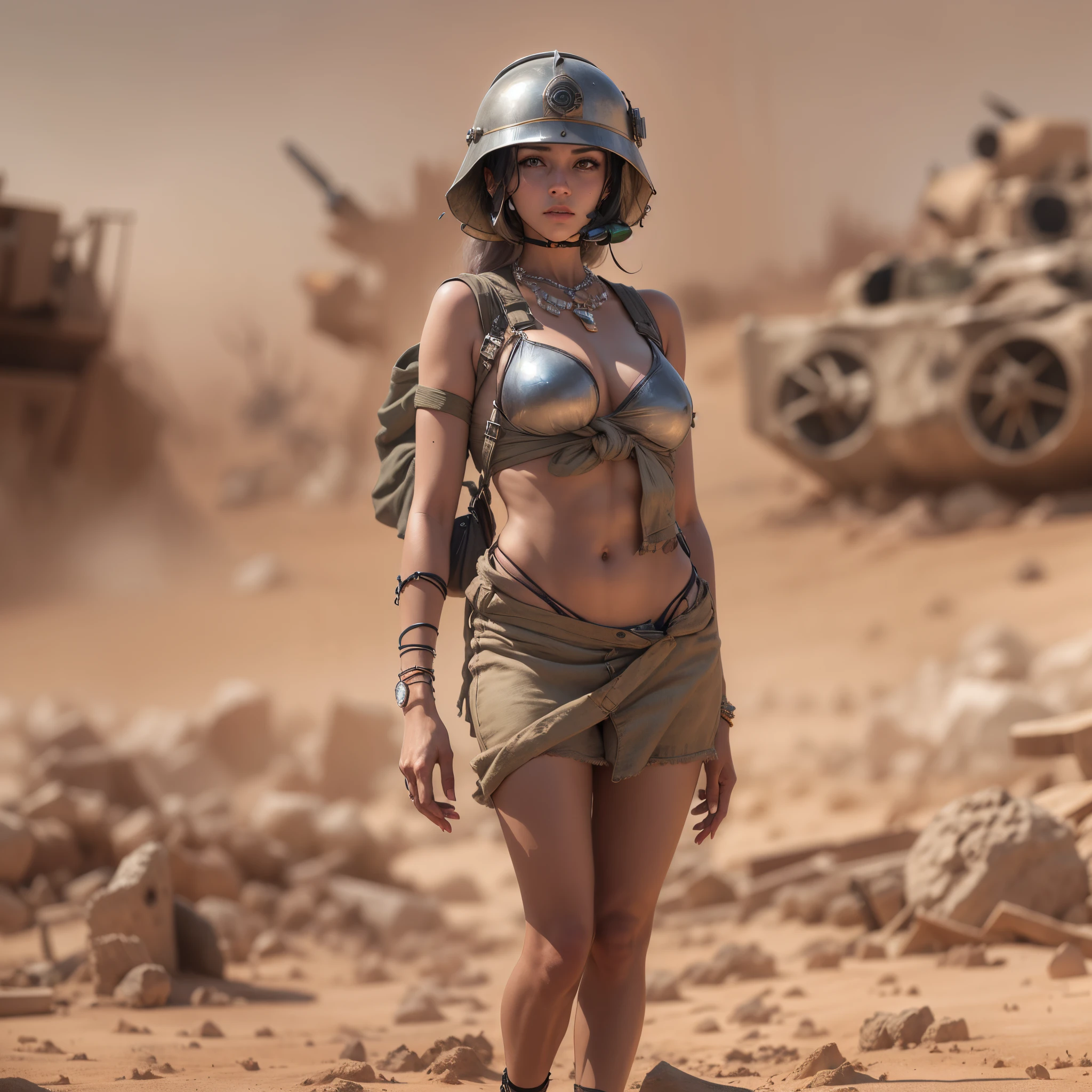 Gere uma imagem de uma garota de 18 anos, olhos azuis, ((high heel sandals with diamonds)), She is wearing a war helmet, she carries in her hands, uma poderosa metralhadora ((PKM)), ((due to the heat of the desert she is naked)) The background of the image is a battlefield in the Middle East, she is under intense bombardment from SU-57 fighter planes