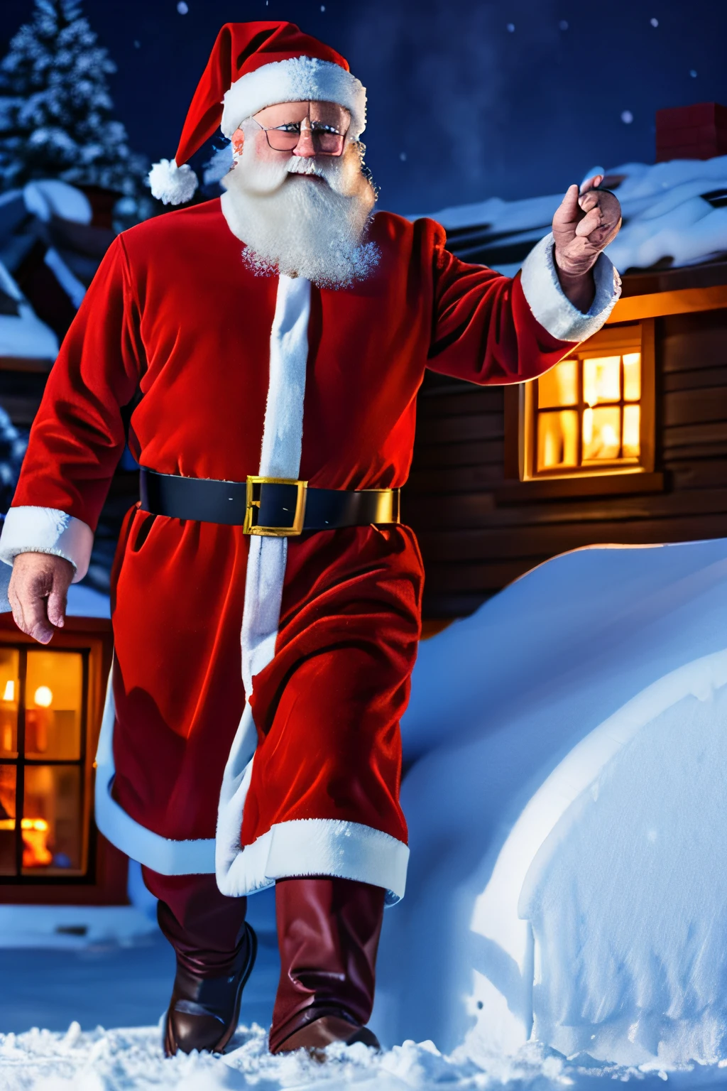 winter night、Santa Claus entering the chimney on the snowy roof