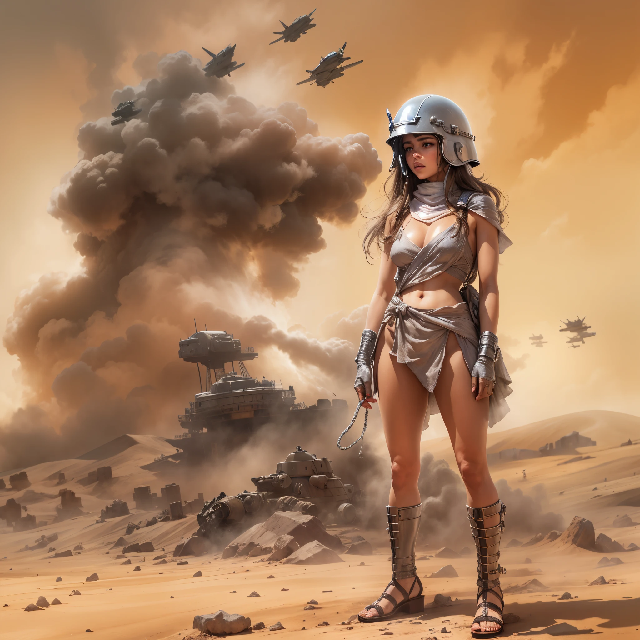 Gere uma imagem de uma garota de 18 anos, olhos azuis, ((high heel sandals with diamonds)), She is wearing a war helmet, she carries in her hands, uma poderosa metralhadora ((PKM)), ((due to the heat of the desert she is naked)) The background of the image is a battlefield in the Middle East, she is under intense bombardment from SU-57 fighter planes