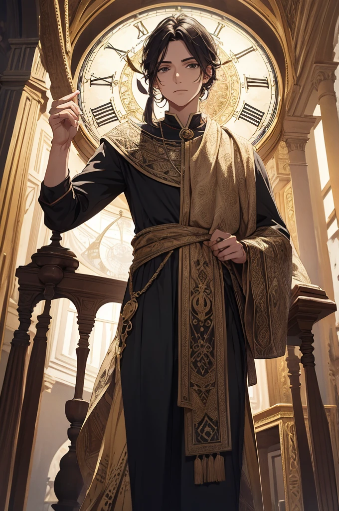 emporalArtisan, o mestre da Crono-Forja, stands positioned with one hand extended toward a twist, tapestry woven in time. The other hand holds a clock-like relic. Your garments wave with the shifting sands of time, refletindo os cronogramas alternativos que eles podem forjar.