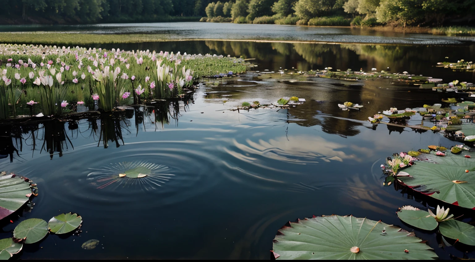 A big pond,Horizontal covered with water lilies