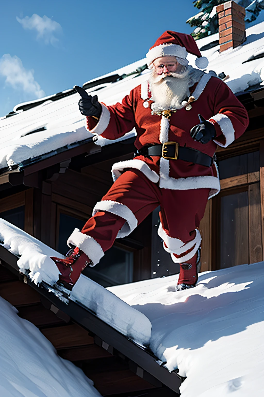 Santa Claus entering the chimney on the snow-covered roof