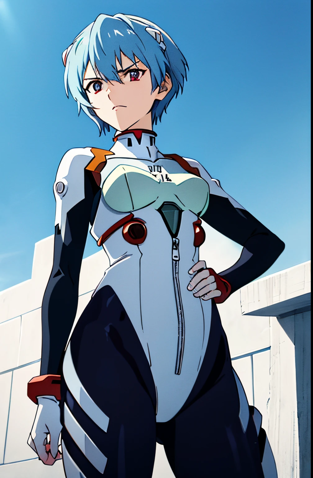 Evangelion: 3.0 tu puedes (no) REHACER, neon genesis evangelion, Reconstruction of Evangelion, Ayanami Rei, 1 girl, cabello azul, bodysuit, senos, boca cerrada, Disparo de vaquero, pelo entre los ojos, Auriculares de interfaz, rubor claro, scowling, Mirando al espectador, senos medianos, Traje de piloto, traje de enchufe, ojos rojos, pelo corto, fondo, Piel apretada, solamente, En pie, fondo blanco, Traje blanco, High detail, ojos detallados, HDR, 8k, ultra realista, (hermosos ojos detallados), (Detailedlight), ((Detalles intrincados)), (Altas Resoluciones), ((illustration)), (((Obra maestra))), ((La mejor calidad)), (High resolution)