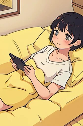 Short haired girl lying on her yellow bed and pillow, blushing while looking at her phone.