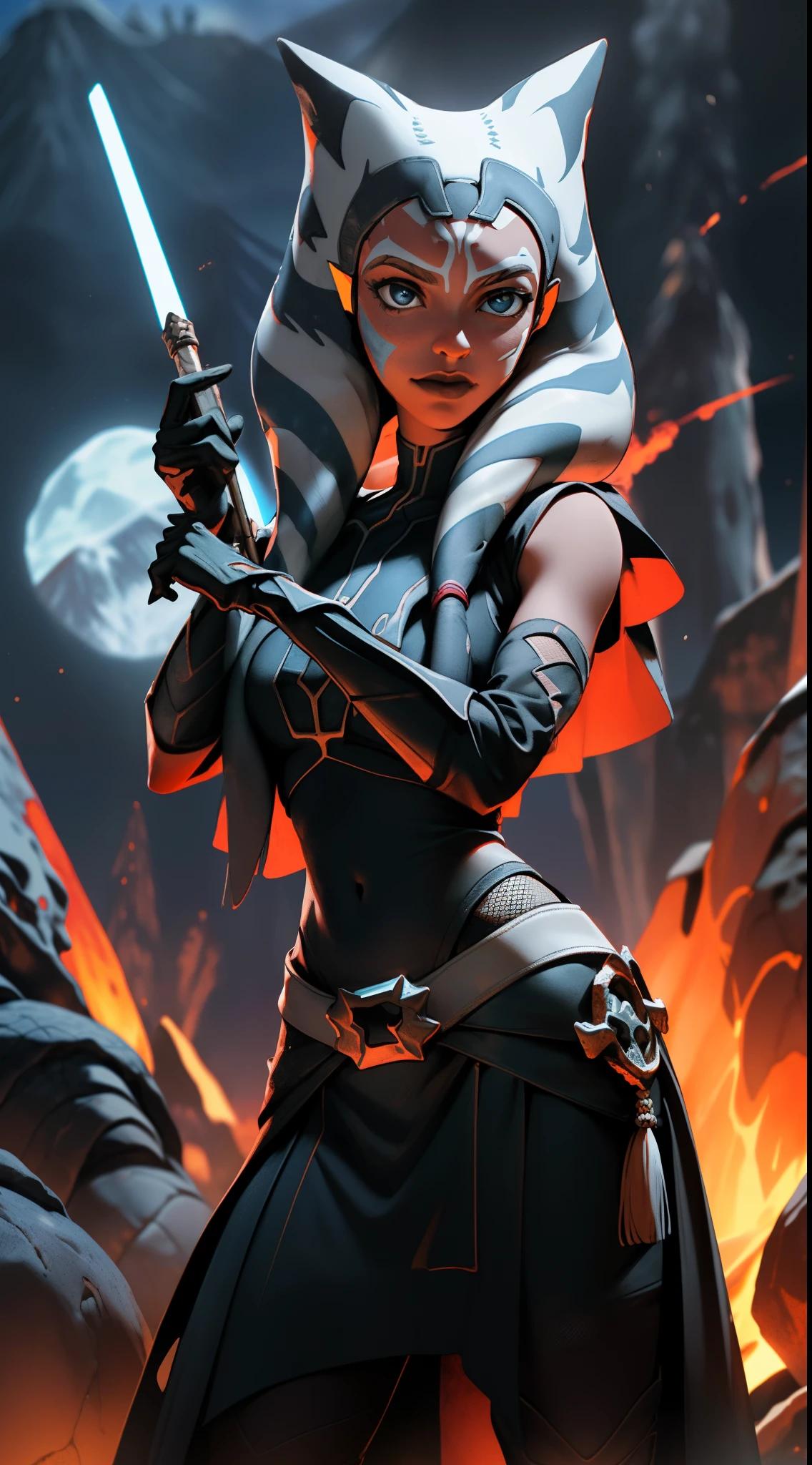 Ahsokatano mujer, Rosario Dawson,(background piedras gigantes volcano),,More detailed 8K.motor irreal:1.4,UHD,La mejor calidad:1.4, fotorrealista:1.4, textura de la piel:1.4, obra maestra:1.8,obra-prima, mejor calidad,objeto Objeto], (detailed face features:1.3),((Las proporciones correctas)),convexo，(Dedos de camello)，(fishnet neon white:1.4),(Ojos hermosos azules),(Perfect anatomy), (Ahsokatano:1.4),(fondo piedra gigante volcano Lava :1.5), (piedras gigantes volcano:1.5) ,skulls on the floor full of bones,(de pie pose vaquero :1.4),(piedras gigantes ????? volcano:1.4)，