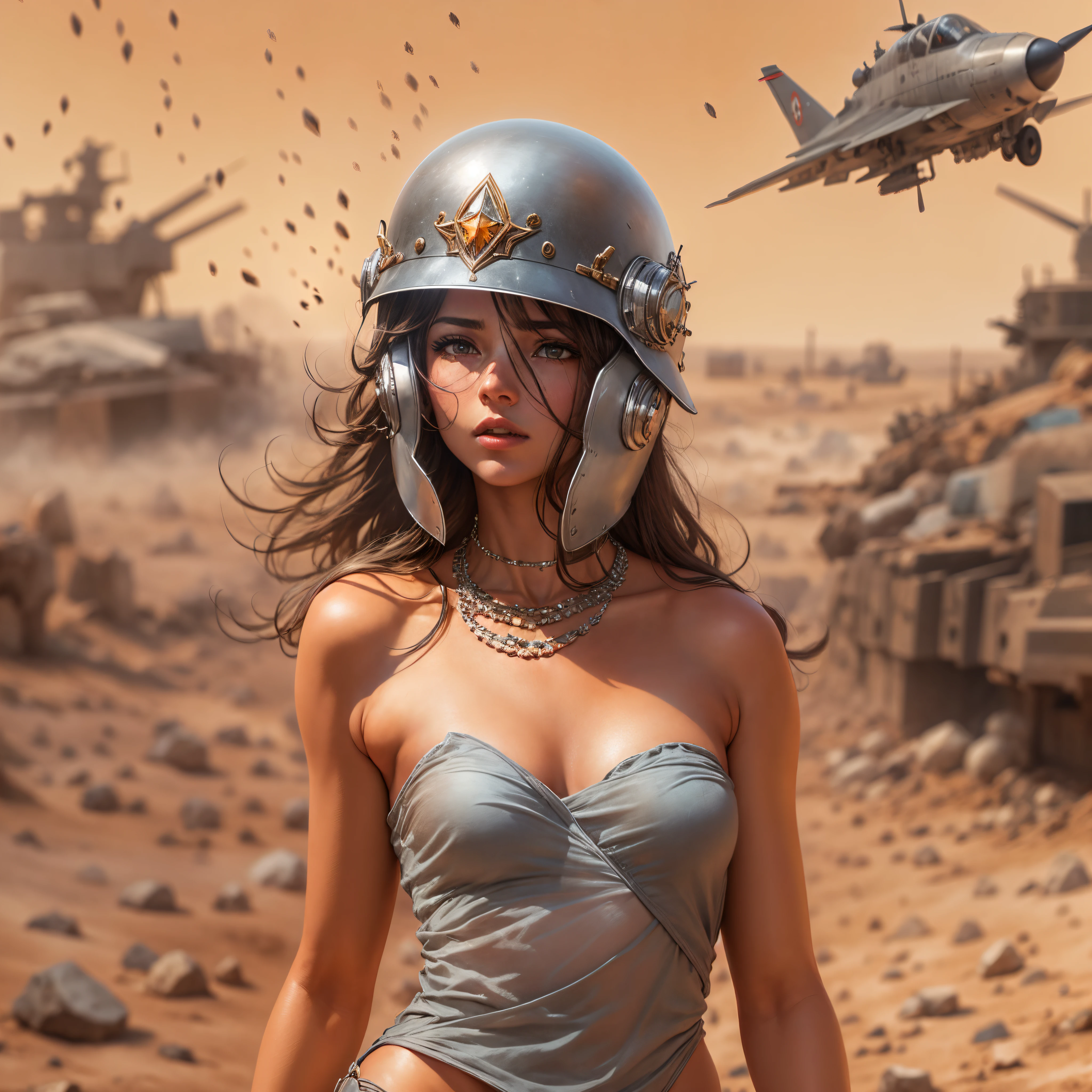 A medium-full-body-shot image of a beautiful young naked female Soldier with a slightly trained build, she poses aggressively, militäry helmet on, camoflaged, perfect beautiful face, captured in a realistic, photograph-like style. She has long, braided blond hair with beets and fedders, piercing green eyes. Her skin is tanned and tattooed. She is naked. her perfect breast have perfect nipples, Her perfekt hairless vagina shown lustfull,  The background bunkers, trenches, the sky is cloudy, dawn of a new day,