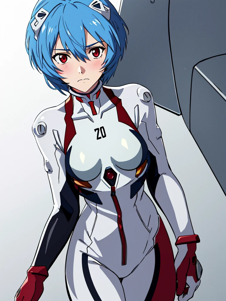 Evangelion: 3.0 you can (not) redo, Neon Genesis Evangelion, Rebuild of Evangelion, Ayanami Rei, 1 girl, Blue hair, Bodysuit, Breasts, Closed mouth, Cowboy shot, Hair between eyes, Interface headset, Light blush, Light frown, Looking at viewer, Medium breasts, Pilot suit, Plugsuit, Red eyes, Short hair, Simple background, Skin tight, Solo, Standing, White background, White bodysuit, high detail, detailed eyes, hdr, 8k, ultra realistic, (beautiful detailed eyes), (detailedlight), ((intricate detail)), (highres), ((illustration)), (((masterpiece))), ((best quality)), (High resolution)
