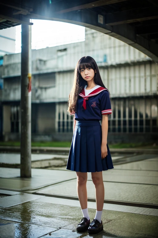 ((Inside a broken concrete building))、((Beautiful japanese girl))、a beauty girl、Cute same school uniform、Same sailor suit、sixteen years old、bangla hair straight short hair, Height 170cm、8th class、Tough expression、(glares)、(Angry look)、((Navy long skirt below knee length))、Pitch black night、total darkness、(deep in the night)、the wind、Thin leg、Niō Standing、put strength into your body、