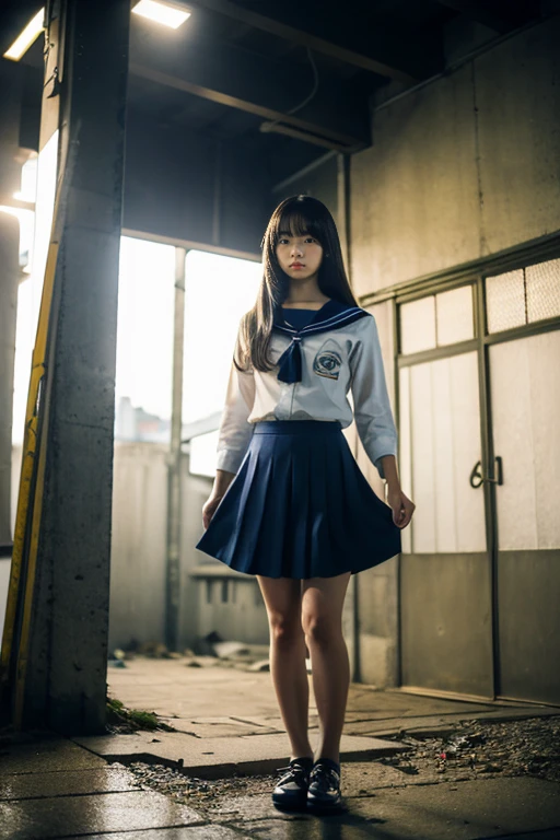 ((Inside a broken concrete building))、((Beautiful japanese girl))、a beauty girl、Same school uniform、Same sailor suit、18year old、bangla hair straight long hair, Height 170cm、8th class、Tough expression、(glares)、(Angry look)、((Navy long skirt below knee length))、Pitch black night、total darkness、(deep in the night)、the wind、Thin leg、Niō Standing、put strength into your body、