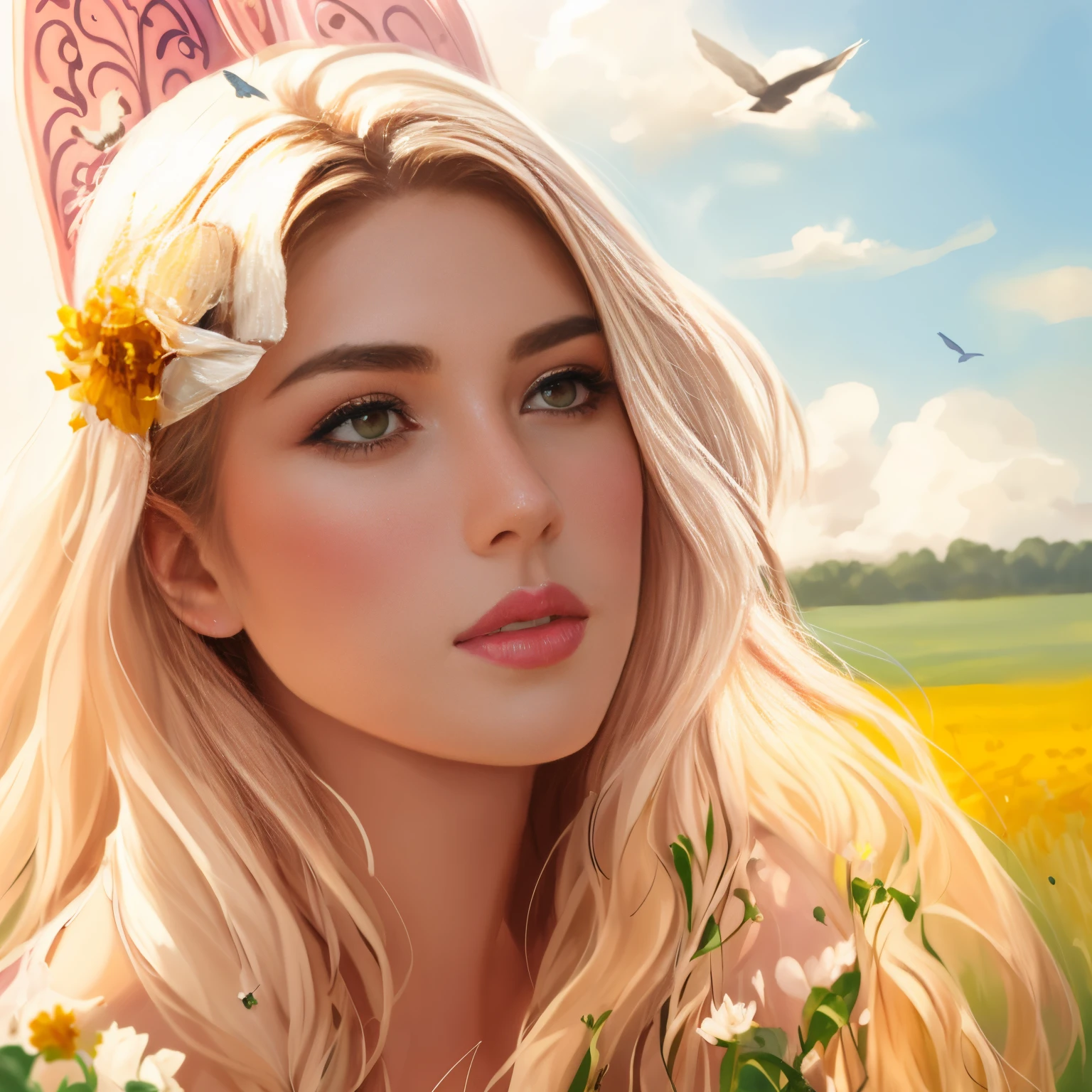 Painting of a woman in a field with birds flying overhead, Author: RHADS, inspired by RHADS, rhads and lois van baarle, rhads!!!, Concept art | rhads, rhads!, WLOP and RHADS, rob rey, Girl dancing on a flower field, Rads watercolor, A girl walks through a flower field