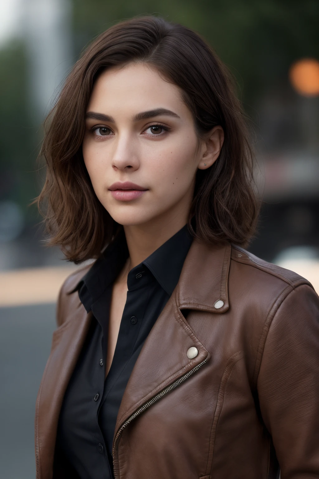 Breathtaking cinematic photo of a 30 year old girl with brown hair and eyes (brown leather jacket, black clothes, black dress shirt, shirt, jeans) beautiful lips, intricate details, shallow depth of field, highly detailed Hollywood film and high-budget, epic, beautiful, masterpiece, award-winning, professional, highly detailed, detailed skin texture, (blush: 0.5), (goosebumps: 0.5). (the most beautiful woman in the world) (brown hair) (short curly hair, unruly hair, stylish cut) thin face, thin nose, beautiful, very beautiful, perfect face, slender body (slender), (brown hair) (brown eyes) (white skin) Beautiful body, western face, predatory eyes, pink lips, thick thighs. full body, western beauty, thin nose, beautiful, perfect, ((best quality)), ((ultra resolution)), ((photorealistic: 1.4)), (intricate details), perfect face, makeup: 1.5 , clear face, facial details. front view, blurred background. ((dynamic pose, action, movement))