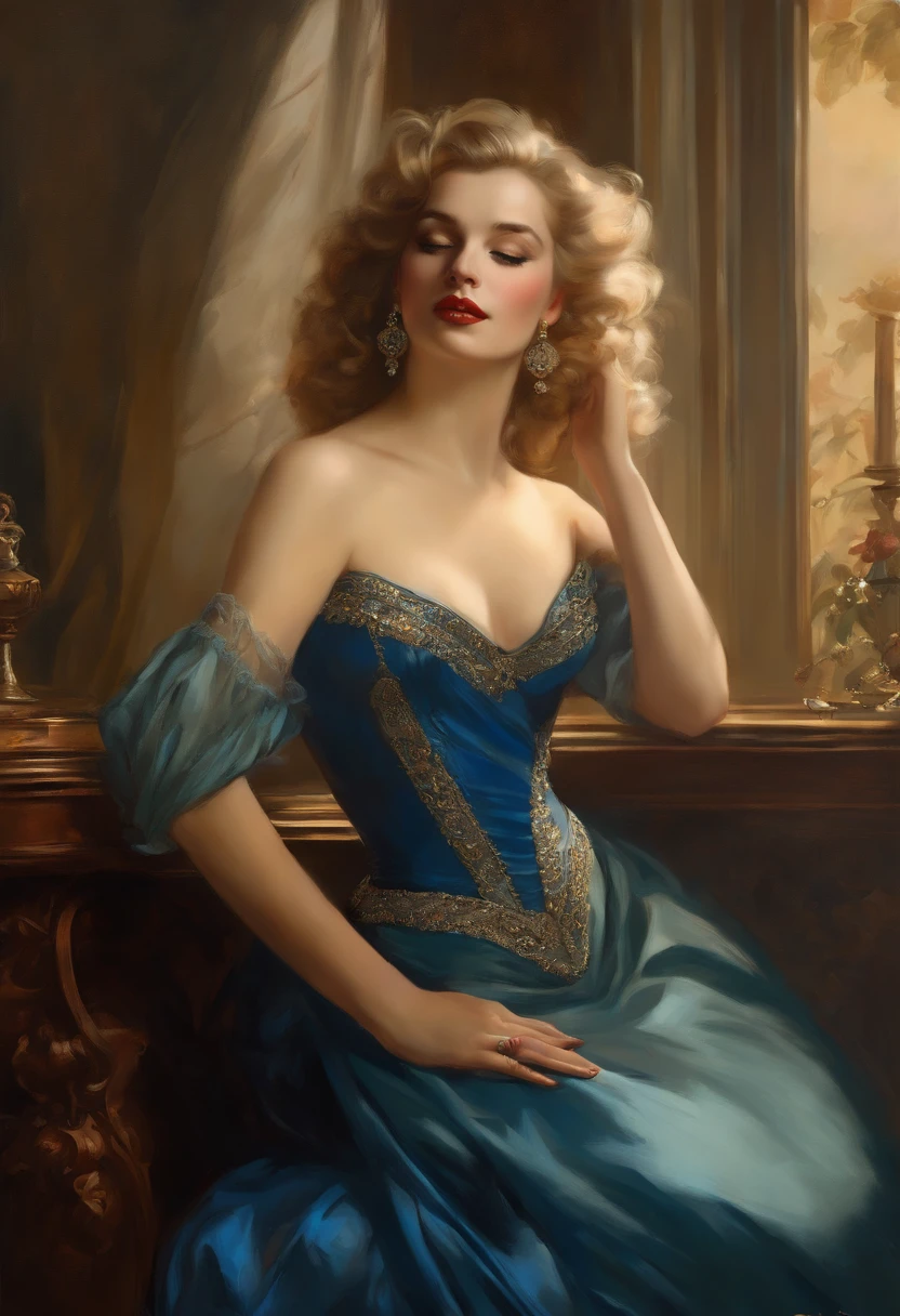 Painting of a beautiful and sexy woman, with long hair, falling over her shoulders and a sapphire blue dress, ((French courtesan, from the Victorian Era, Marilyn Monroe style)), wearing a low-cut and embroidered black corset, in the background of a Paris brothel, Bowater art style, Baroque digital painting, Renaissance digital painting, masterpiece! inspired by Franz Xaver Winterhalter, inspired by Friedrich von Amerling, Beautiful character painting, beautiful digital painting, inspired by Thomas Lawrence, Beautiful painting
yywater, refraction, reflections, Mirrors, Prisms, sunlight, bright lights!! intricate elegant, highly detailed, digital painting, art-station, concept art, smooth, sharp focus, illustration, Art by ( ( ( ( Artgerm ) ) ) ) and ( Greg Rutkowski )! and ( ( ( Alphonse Mucha ) ) ), eyes reflecting in eyes reflecting to infinity