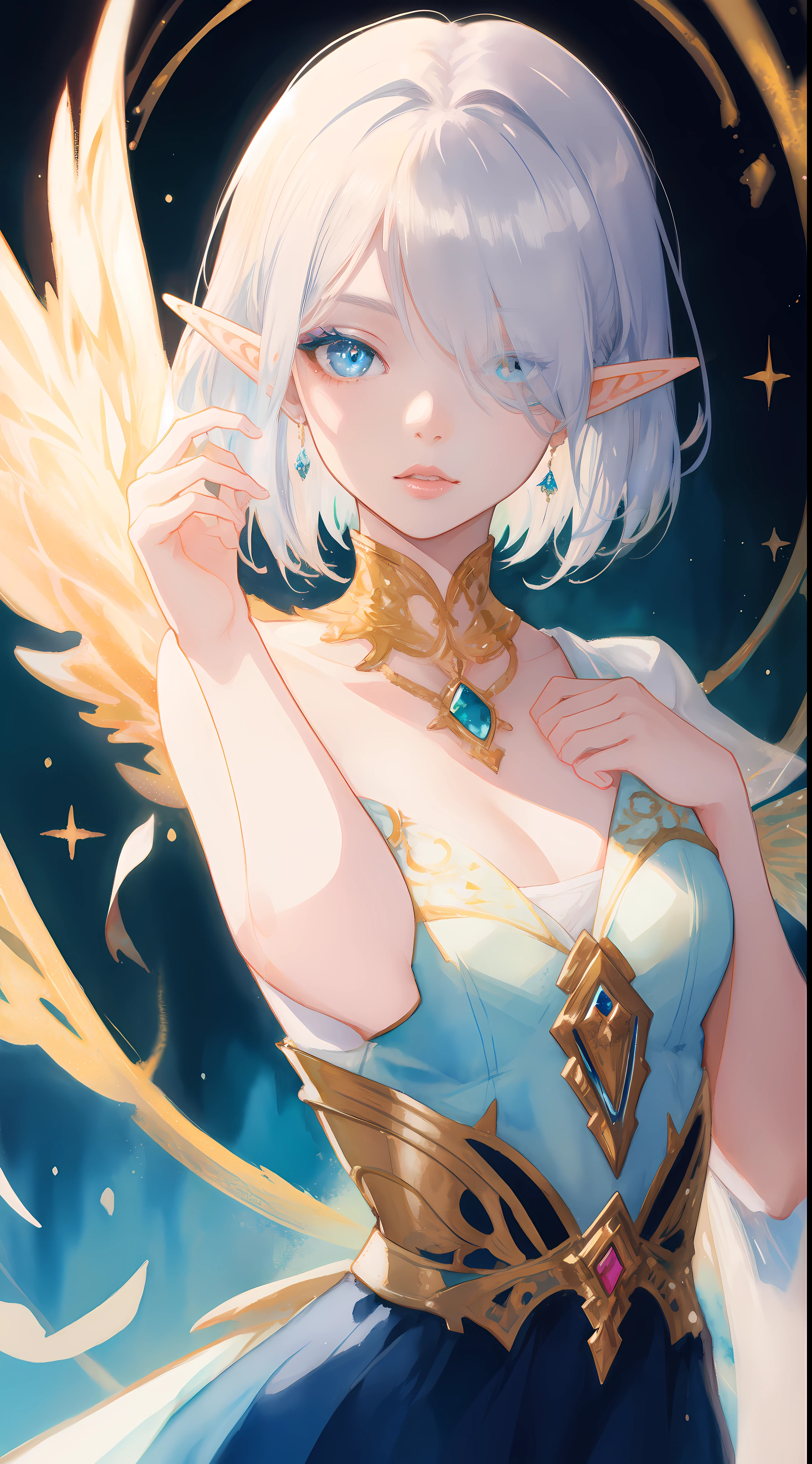 (masterpiece, top quality, super high quality), beautiful starry sky background, one, beautiful elf girl, kind-hearted princess, (slender), (slender), (very small breasts)), platinum blonde short hair, gradient hair, (heterochromia), beautiful detail eyes, pale orange, white, white halter neck, whitish clothes, (nipple), bow, frill, (bust shot) ), close-up, smile you want to protect