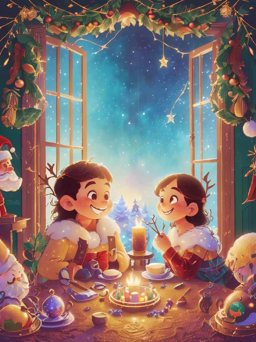 (Best quality, 8K, A high resolution, tmasterpiece:1.2), ultra - detailed, (actual, realistically:1.37), Vibrant colors, Magical atmosphere, Whimsical, ((sky full of stars，The North Star shines))，(((Use an illustration style), The room is decorated with a strong Christmas atmosphere. A string of shining colored lights hangs on the wall, Christmas wreath and little snowman on the windowsill, In the corner of the room stands a beautifully decorated Christmas tree. On a table, There are beautiful cutlery and red plates. In the center of the table, Have a sumptuous Christmas feast, Next to it is a bottle of red wine and two exquisite wine glasses. (((A male and female couple wearing Christmas costumes cuddling together))), Smiling and looking at each other，Eyes full of happiness and warmth. There are several scented candles lit in the room, It exudes a faint fragrance. Warm fire burning in the fireplace, Brings warmth and comfort to the entire room, Surreal, Psychedelic, Complicated details, Beautiful texture, Ethereal, like a dream, Soft glowing light, Charming Patterns, Fantasy creatures, Hidden surprises, dreamlike landscapes, Surreal color palette, Mystic aura, hyper realisitc, Enchanting journey, psychedelic trip, vivid imagination, immersive experience, Mysterious Christmas, otherworldly charm, glowing paths, Light up a magical Christmas, surreal sky, Whimsical themed festivals, a magical encounter, Fascinating artwork，(Ghibli-style colors, first person perspective, hyper HD, tmasterpiece, acurate, Anatomically correct, ctextured skin, super detailing, high detal, high qulity, Award-Awarded, Best quality at best, 8K)