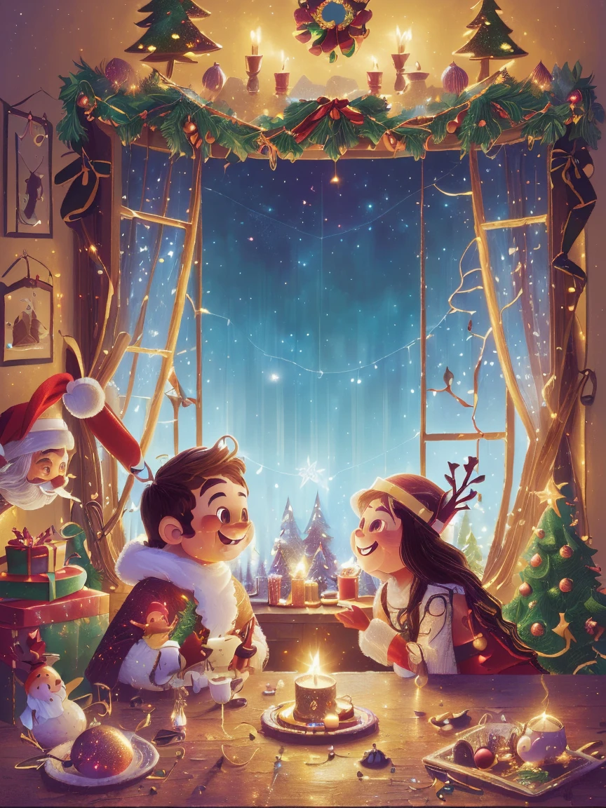 (Best quality, 8K, A high resolution, tmasterpiece:1.2), ultra - detailed, (actual, realistically:1.37), Vibrant colors, Magical atmosphere, Whimsical, ((sky full of stars,The North Star shines)),(((Use an illustration style), The room is decorated with a strong Christmas atmosphere. A string of shining colored lights hangs on the wall, Christmas wreath and little snowman on the windowsill, In the corner of the room stands a beautifully decorated Christmas tree. On a table, There are beautiful cutlery and red plates. In the center of the table, Have a sumptuous Christmas feast, Next to it is a bottle of red wine and two exquisite wine glasses. (((A male and female couple wearing Christmas costumes cuddling together))), Smiling and looking at each other,Eyes full of happiness and warmth. There are several scented candles lit in the room, It exudes a faint fragrance. Warm fire burning in the fireplace, Brings warmth and comfort to the entire room, Surreal, Psychedelic, Complicated details, Beautiful texture, Ethereal, like a dream, Soft glowing light, Charming Patterns, Fantasy creatures, Hidden surprises, dreamlike landscapes, Surreal color palette, Mystic aura, hyper realisitc, Enchanting journey, psychedelic trip, vivid imagination, immersive experience, Mysterious Christmas, otherworldly charm, glowing paths, Light up a magical Christmas, surreal sky, Whimsical themed festivals, a magical encounter, Fascinating artwork,(Ghibli-style colors, first person perspective, hyper HD, tmasterpiece, acurate, Anatomically correct, ctextured skin, super detailing, high detal, high qulity, Award-Awarded, Best quality at best, 8K)