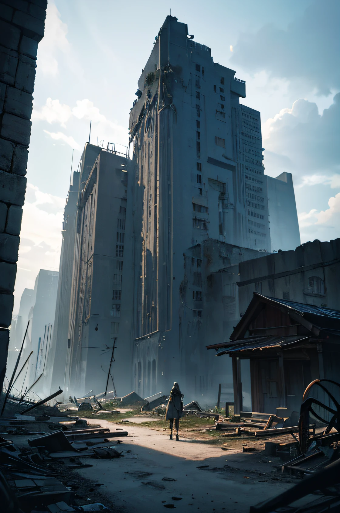 (best quality,4k,8k,alto,master part:1.2),ultra-detalhado,(Realistic,fotorrealista,photo-realistic:1.37), nier automata,yorha type a no.2, dystopian future, Natureza recuperada, cidade arruinada, troll,gigante,mechanical precision,metallic body,silhueta afiada,detritos flutuantes,assombrosamente bela,post apocalyptic atmosphere,vivid colors,vibrant sunlight through the clouds,ethereal beauty,Moody Lighting,reflexos sutis,Retrato emocional,action-packed,cena de combate,vulkan,lavas,Breathtaking cinematic,dynamic perspective,Drastic contrast,Lonely protagonist,expressive facial features,arma,armadura,Aura misteriosa,undergrowth,Fallen Structures,evokes a sense of melancholy,pose indiferente,tons de cores frias,movimento borrado,Ruins of a Technological Age.
