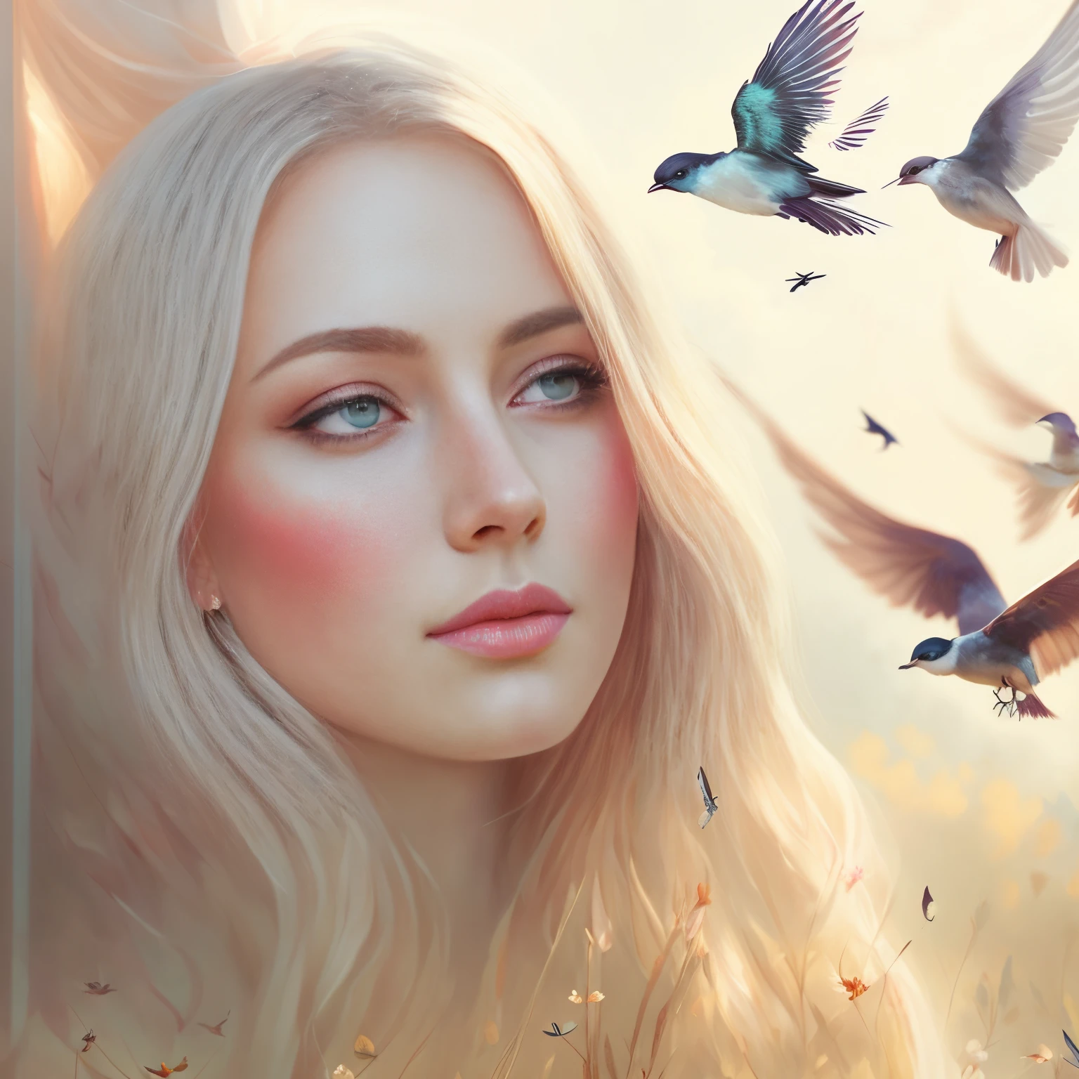 Painting of a woman in a flower field with birds flying overhead, anatomically correct drawing of birds., beautiful fantasy art portrait, Detailed beautiful portrait, detailed beauty portrait, gorgeous digital painting, fantasy art portrait, beautiful digital illustration, beautiful digital painting, beautiful fantasy portrait, fantasy portrait art, fantasy portrait, beautiful digital artwork, Detailed matte fantasy portrait, digital fantasy portrait, stunning digital illustration