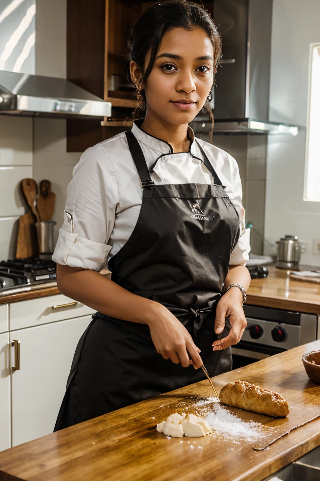 light skin mauritius woman, dressed in chef clothes in a professinnal kitchen. pastry chef from far, working in a kitchen, using a rolling mill