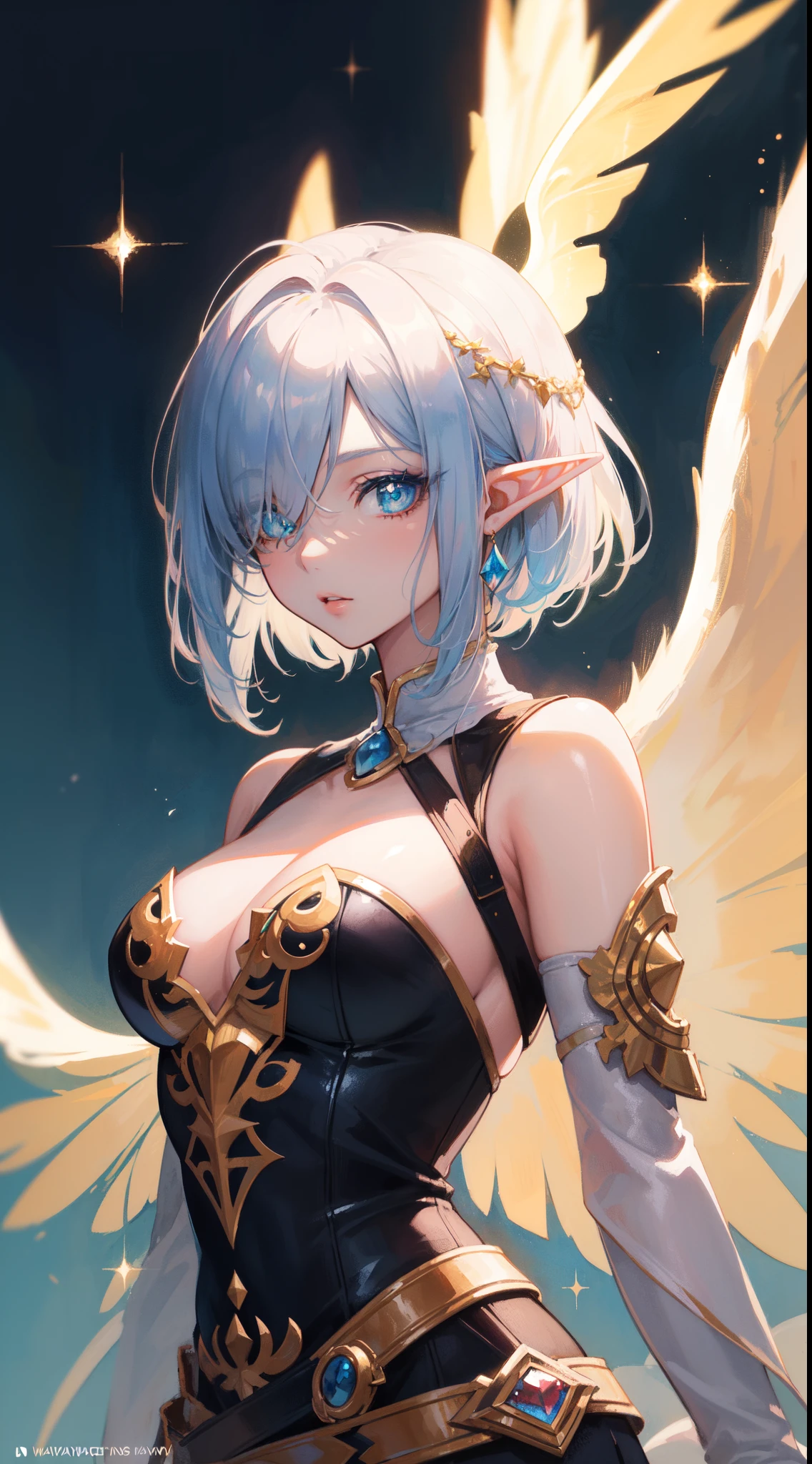 masterpiece, best quality, sharp focus, 8k, intricately detailed environment, anime, watercolor illustration, colorful, bright colors, whimsical, glowing lights, liquid otherworldly, fairy lights, beautiful elf girl in flowing liquid glowing dress, perfect face, golden ratio, sparkling eyes, watercolor, liquid light, angel wings, BREAK, (masterpiece, top quality, best quality, official art, beautiful and aesthetic:1.2), (elf), (1girl), Bob cut hair, parted bangs, (hair over one eye), white hair, lips, eyelashes, makeup, blue eyes, eyeshadow, pink eyeshadow, pink lips, extreme detailed, highest detailed, art by Artgerm, by wadim kashin, by Kawacy, by Yusuke Murata