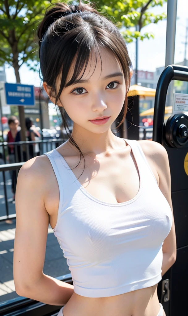 (masutepiece, Best Quality:1.2), 8K, Official art, Raw photo, unbelievable Ridiculous, (Upper body, (tight white tank top, white panties), standing:1.4), Beautiful Girl, Idol face, arching back down, large full breasts, (thinwaist), thighs thighs thighs thighs, Stockingrt subway station), treadmill, Short sleeve, gardenia, violaceaess, Looking at Viewer, No makeup, Film grain, chromatic abberation, Sharp Focus, face lights, Dynamic lighting, Cinematic lighting, Detailed face, Bokeh background, ponytails hair