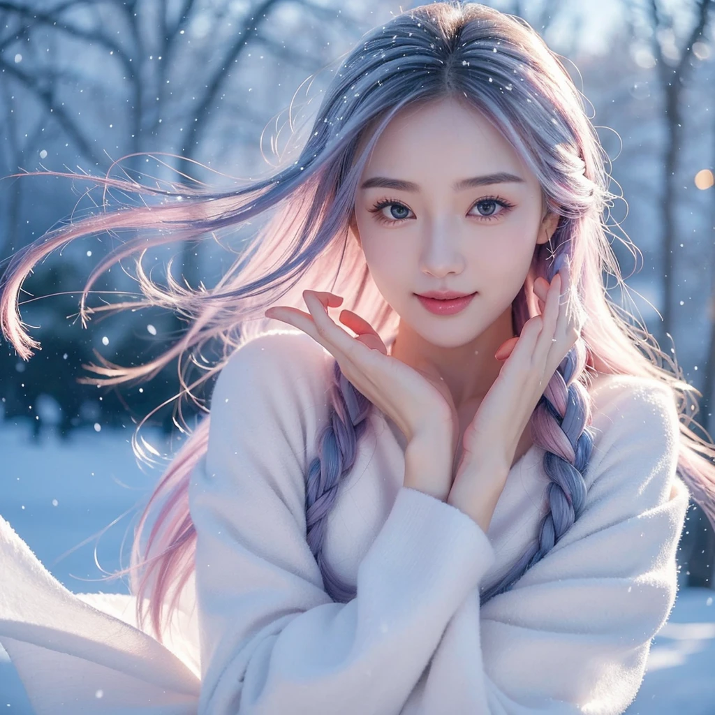 Certainly，I can give you a better description：

Her blue-pink hair looks even more flawless against the winter background。Every strand of hair is as soft and smooth as silk，tas&#39;Like an artist&#39;s carefully carved masterpiece。The color of her hair is like sapphires in the snow，Show mystery and nobility。

Her eyes were bright and clear，Twinkling stars in the cold winter。Eyes reveal wisdom and kindness，Like the warmest flame in winter，ignited the soul。Her eyebrows are slender and elegant，Gently provoke，Dotted on her slender eyes，It gives people endless reverie。

Her lips are soft，rich rose color，like delicate coral。When she smiles，The whole world seems to be illuminated，Make people feel inner happiness and peace。Her smile is like the warmest sunshine in winter，Warm everyone&#39;of hearts。

Her skin was as fair as snow，Smooth and flawless。Soft and silky to the touch。Her face has beautiful lineeautifully contoured，Like a masterpiece in the hands of a sculptor。The slender neck extends upward，Exudes feminine elegance and nobility。

Against the backdrop of winter，Such beauty is more unique and charming。Her appearance is flawless，Just like the snow goddess walking out of fairy tales。She exudes confidence and charisma，Become the most beautiful scenery in the cold season，It's really intoxicatinemorable。