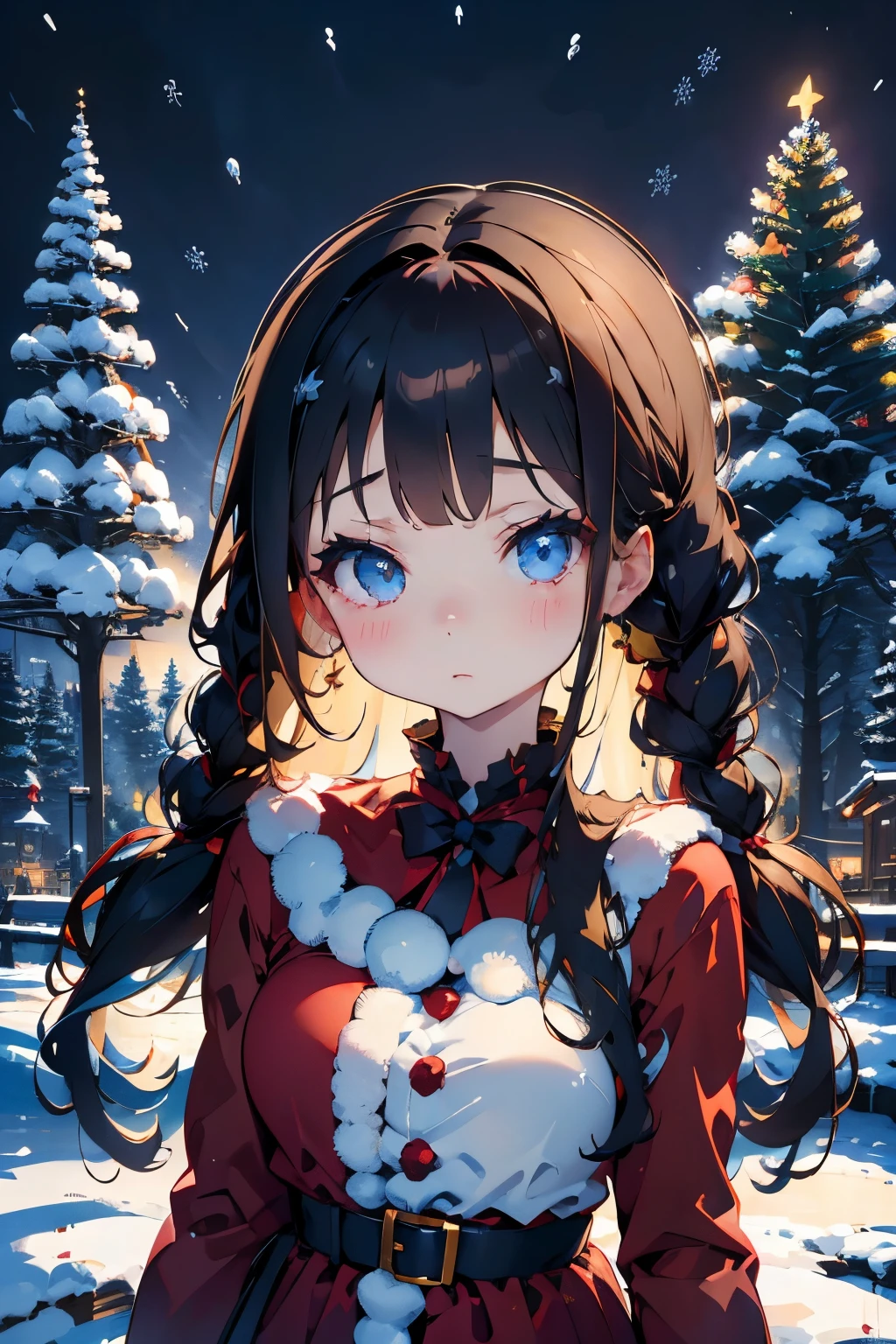 raw、santa claus 、one girls、a baby face、Cute little girl s、Slender and beautiful、small tits、7Head and body、A dark-haired、Braided twin tails:1.5、Meticulously drawn eyes、enticing、Twin-tailed、It's snowing、snow country、Christmas tree、Christmas Colors、Winters、Silence、natta、Beautiful night sky、