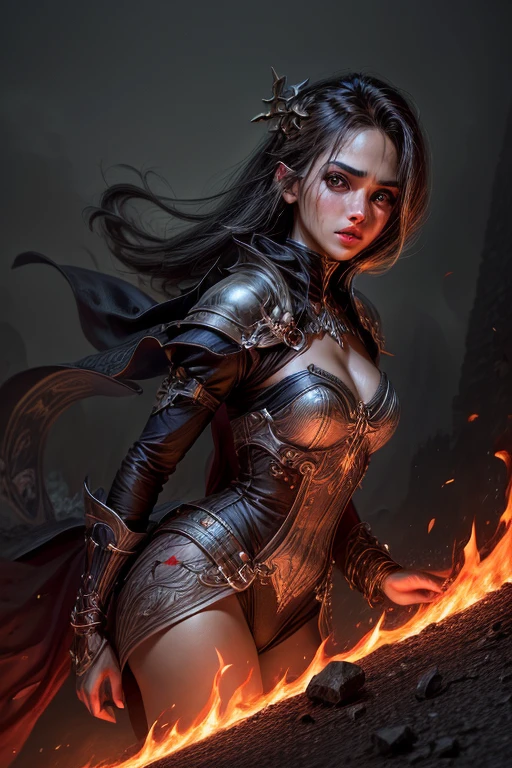 Hohe Detailgenauigkeit, best quality, 8K, [Ultra-detailliert], Meisterwerk, best quality, (Extrem detailliert), Dynamischer Winkel, Ultra-Weitwinkel-Aufnahme, .RAW, fotorealistisch, Fantasy-Kunst, DND-Kunst, RPG-Kunst, Realistische Kunst, ein Weitwinkelbild, one beautiful female archer, wearing leather armor with Lord of the Rings-style decorations, large medieval castle, only, perfect and beautiful symmetrical face like Jessica Alba, blaue Augen, mischievous smile, Langes lockiges Haar, perfect hands, Highly detailed, (majestic spear:1.2) in his hand, Spear thrust, Angriffs-Pose, (Blut:1.5), Schroffe Landschaft, chaos, battle, battlefield, fire and smoke, dnd, Dunkle Kunst, Highly detailed, Halten Sie eine (Speer:1.1) In ihrer Hand, ((Blut)), Dynamische Pose, Dynamic, drastic atmosphere, filmischer Hintergrund, (Meisterwerk:1.3), hight resolution dynamische Pose, drastic atmosphere, filmischer Hintergrund, (Meisterwerk:1.2), hight resolution