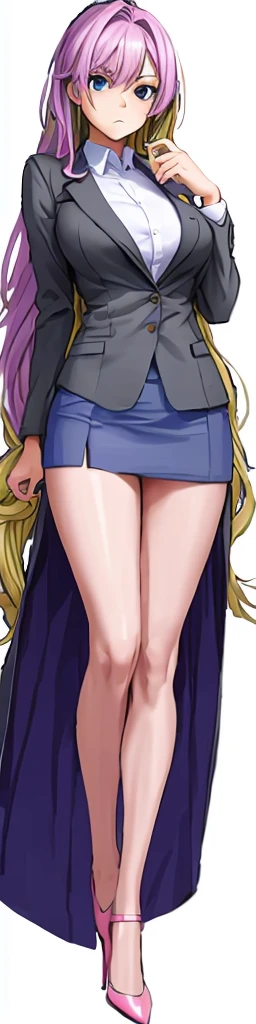 A beautiful woman with long lilac hair, big breasts, and beautiful legs is standing under a suit jacket, a thin black tube top, and a miniskirt with an irritated expression on her face.。