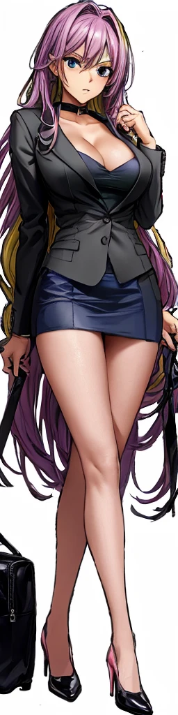 A beautiful woman with long lilac hair, big breasts, and beautiful legs is standing under a suit jacket, a thin black tube top, and a miniskirt with an irritated expression on her face.。