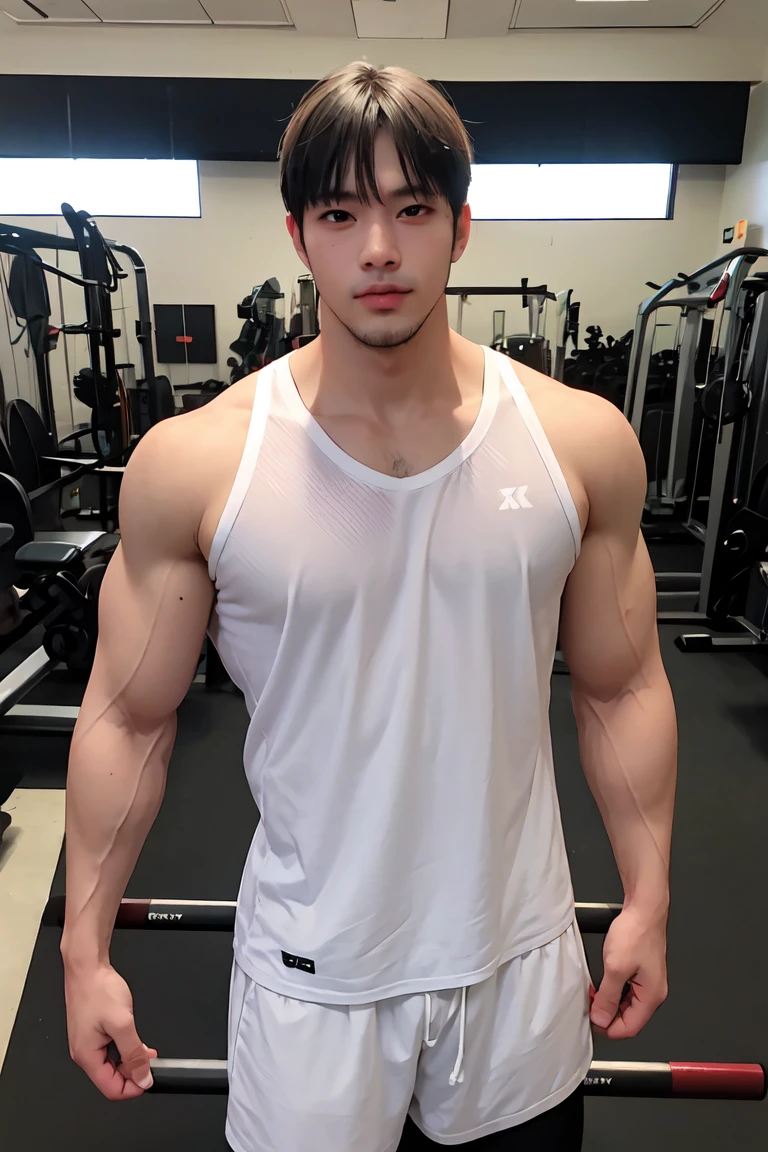 create an image of a muscular guy wearing a black sleeveless shirt viewed from the front, the guy is overlooking a gym
