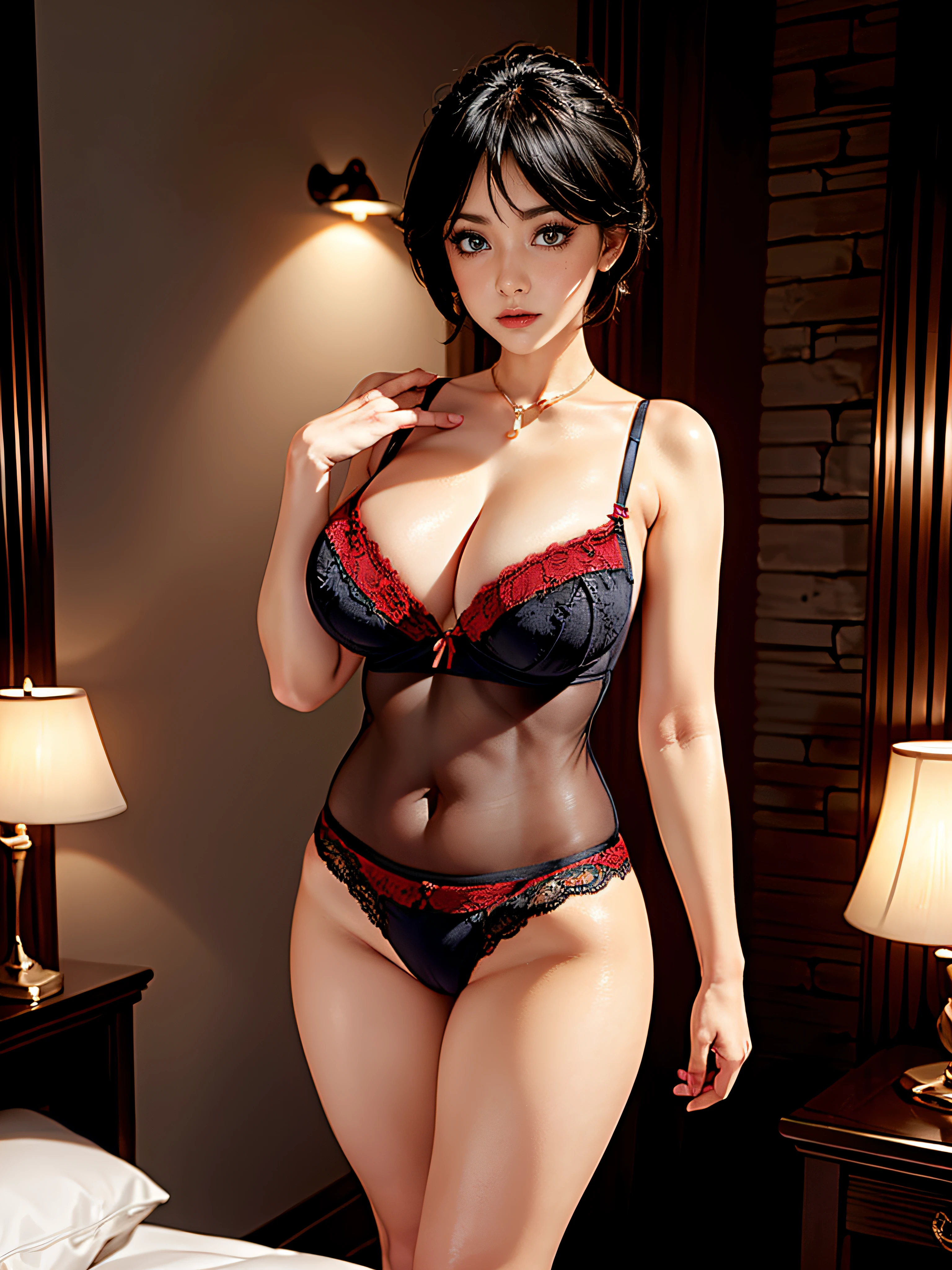 1 mujer,,angry expression,(red lace transparent lingerie),in bed,((40 year old mature woman))(ojos azules)(ojos perfectos)((pechos enormes)),(Cara detallada perfecta),labios detallados rojos,((solamente))),,cuerpo perfecto,((manos perfectas)),pechos enormes,