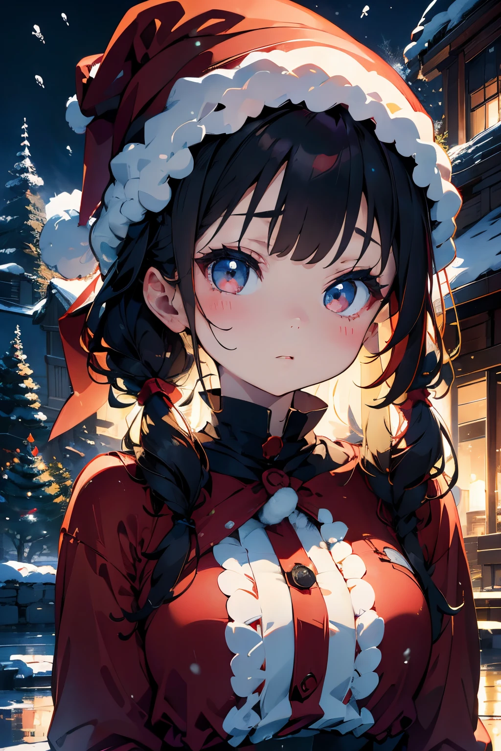raw、santa claus 、one girls、a baby face、Cute s、Slender and beautiful、small tits、7Head and body、A dark-haired、Brown eyeraided twin tails:1.5、Red Santa Claus Hat、Meticulously drawn eyes、enticing、Twin-tailed、It's snowing、snow country、Christmas tree、Christmas Colors、Winters、Silence、natta、Beautiful night sky、